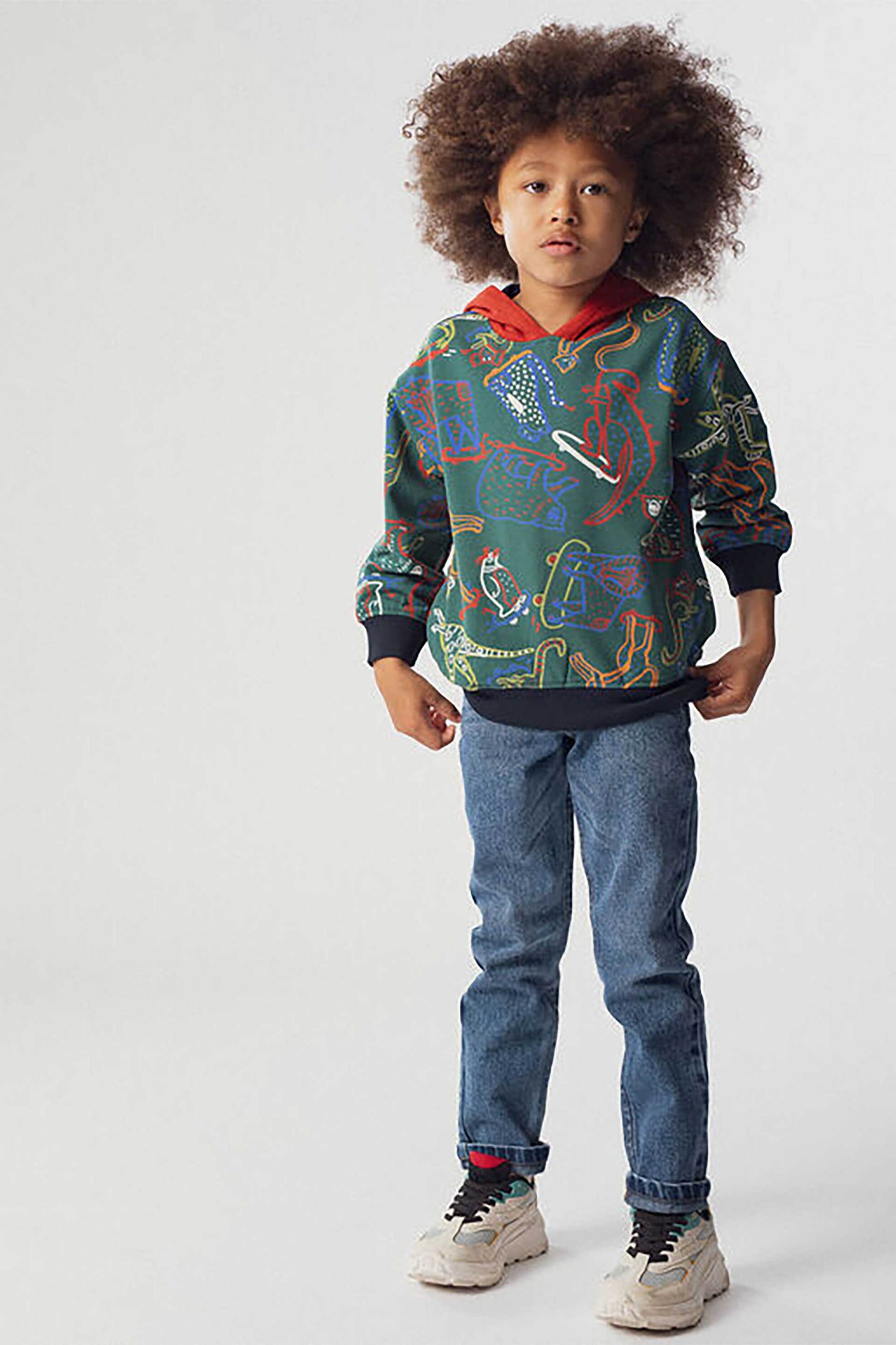 DPAM DPAM παιδική μπλούζα φούτερ για αγόρια με κουκούλα και πολύχρωμο σχέδιο με ζωάκια - 365121 Πράσινο Σκούρο