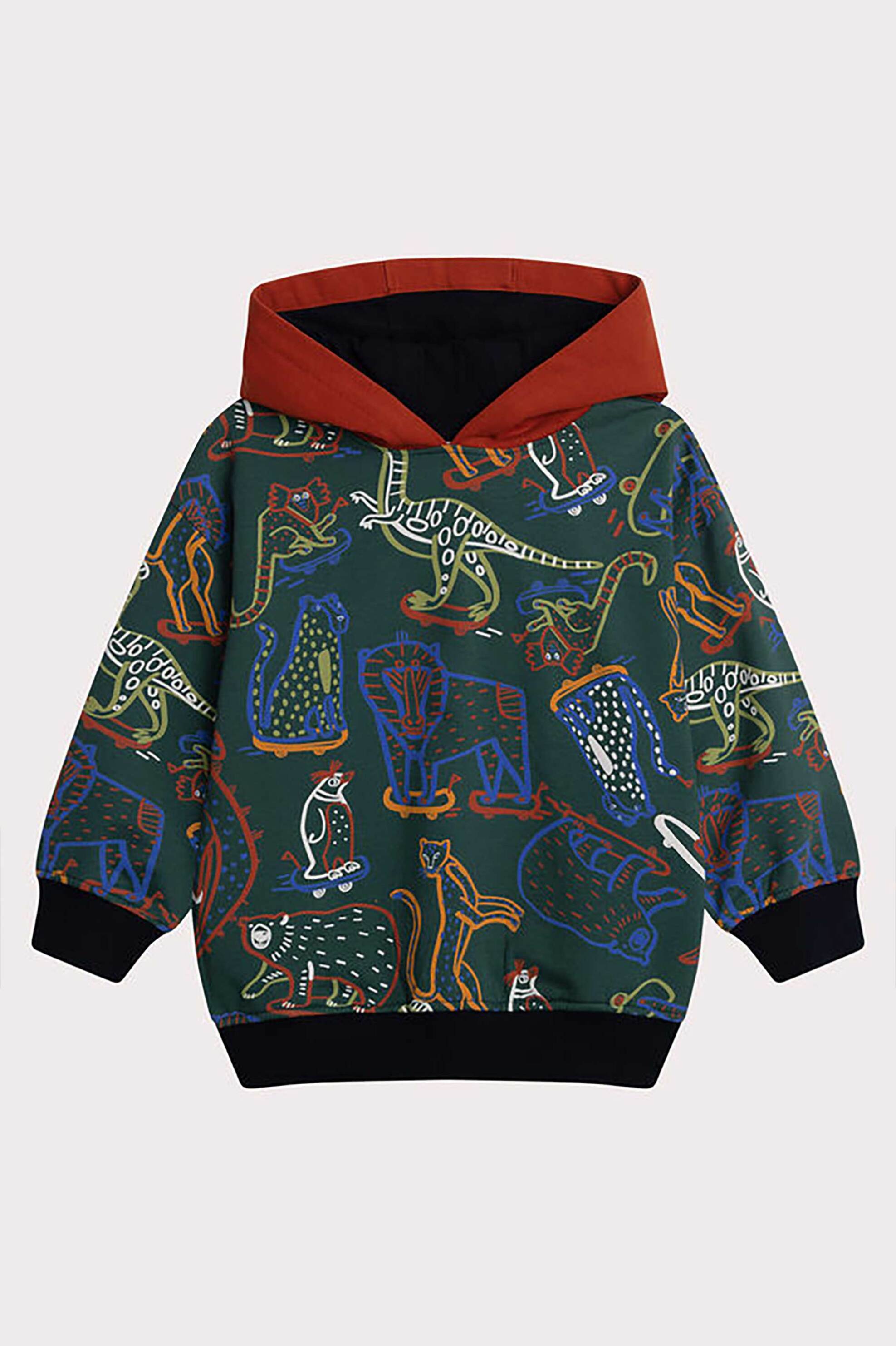 DPAM παιδική μπλούζα φούτερ για αγόρια με κουκούλα και πολύχρωμο σχέδιο με ζωάκια - 365121 Πράσινο Σκούρο φωτογραφία