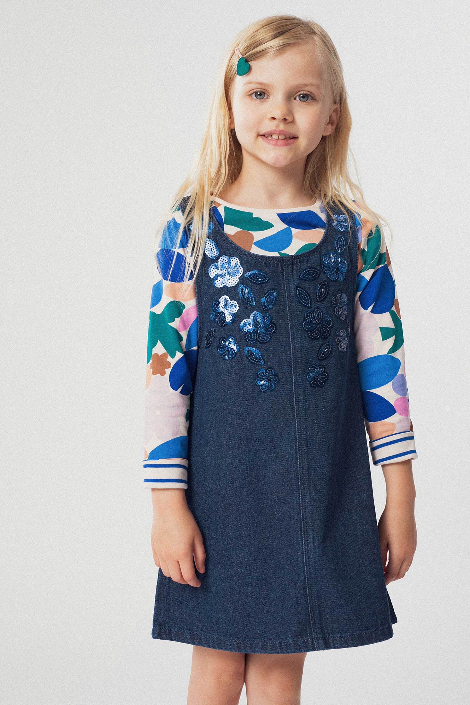 DPAM DPAM παιδικό denim φόρεμα αμάνικο με λουλούδια από πούλιες - 366752 Denim Blue Σκούρο