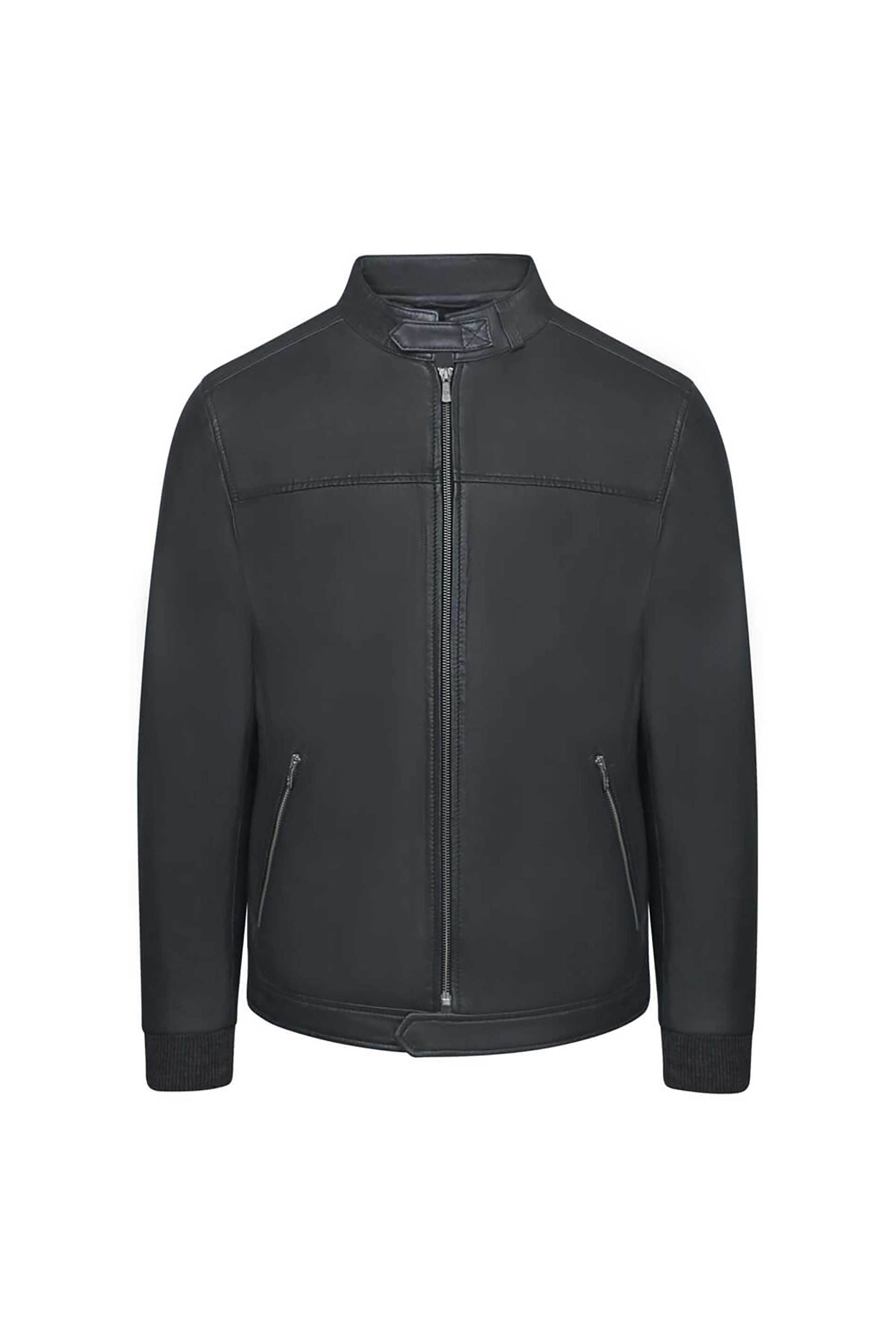 Prince Oliver ανδρικό δερμάτινο biker jacket Modern Fit - 16997037 Ανθρακί