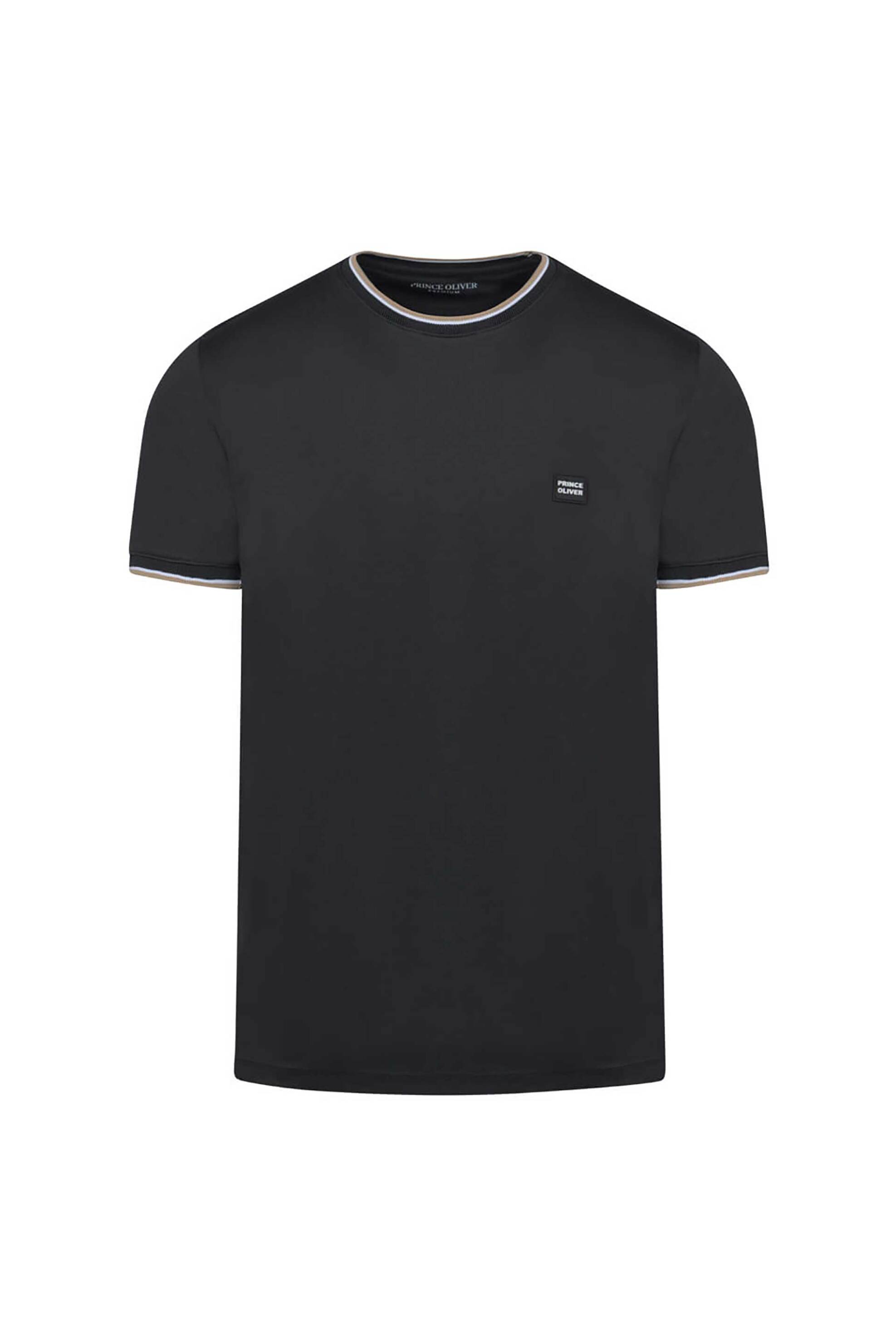 PRINCE OLIVER Prince Oliver ανδρικό T-shirt με contrast λεπτομέρειες και logo patch Modern Fit - 26044004 Μαύρο