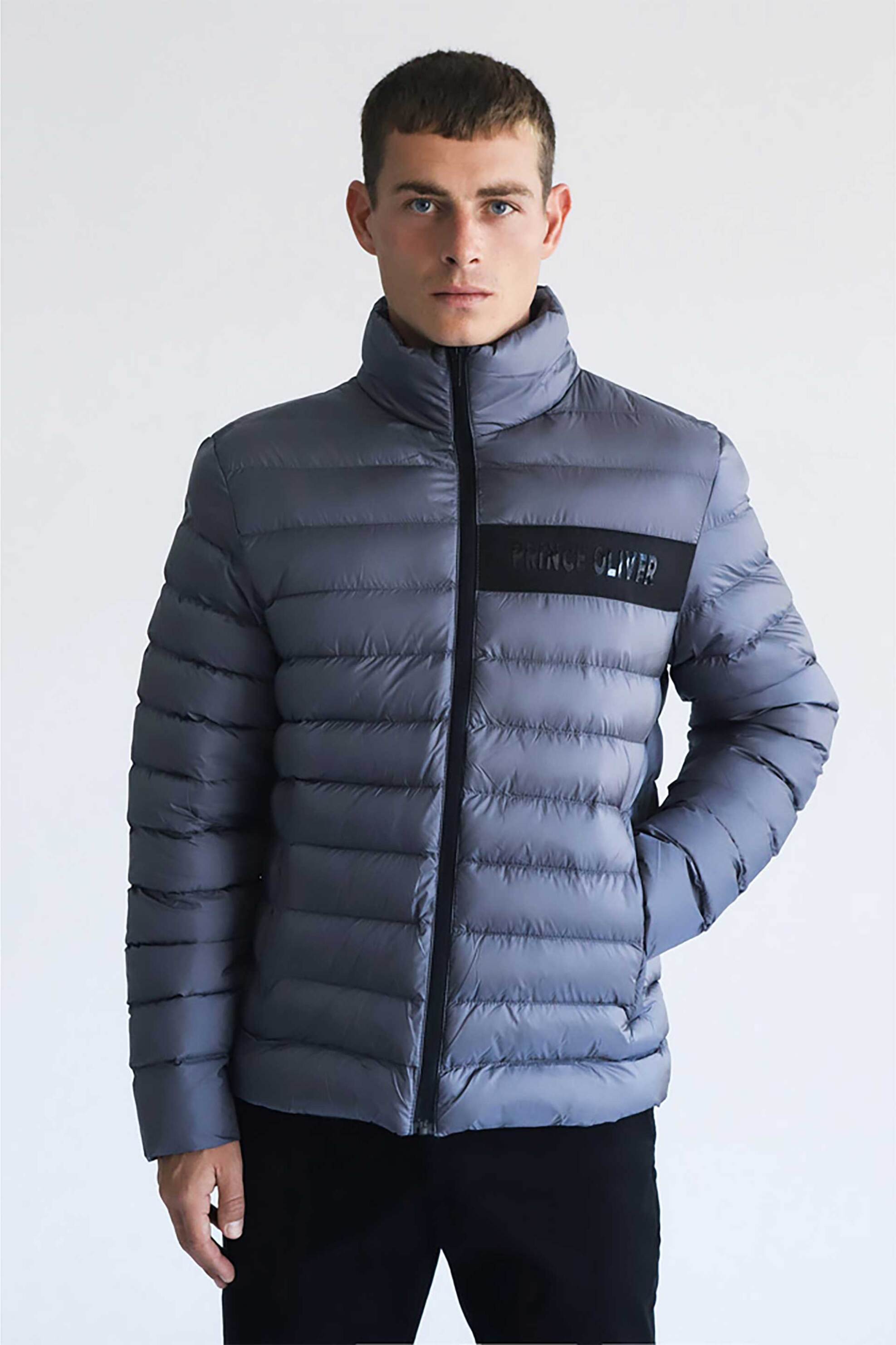 PRINCE OLIVER Prince Oliver ανδρικό μπουφάν αδιάβροχο καπιτονέ με 3D logo Modern Fit - 40580001 Γκρι