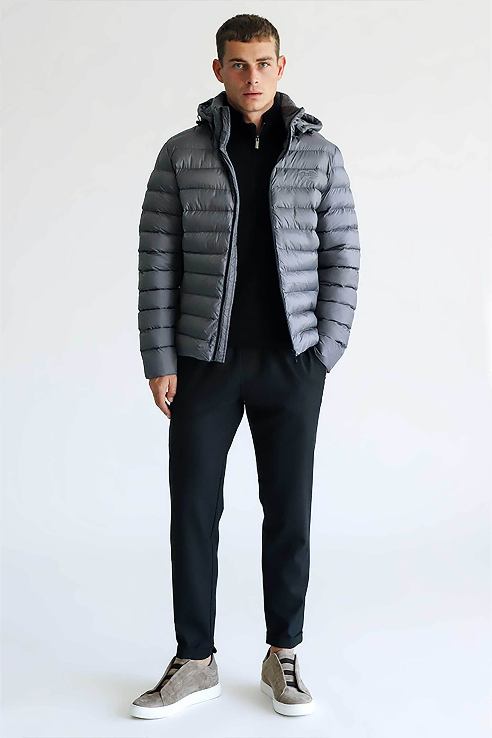 PRINCE OLIVER Prince Oliver ανδρικό μπουφάν αδιάβροχο καπιτονέ με logo print και αποσπώμενη κουκούλα Modern Fit - 40580002 Γκρι