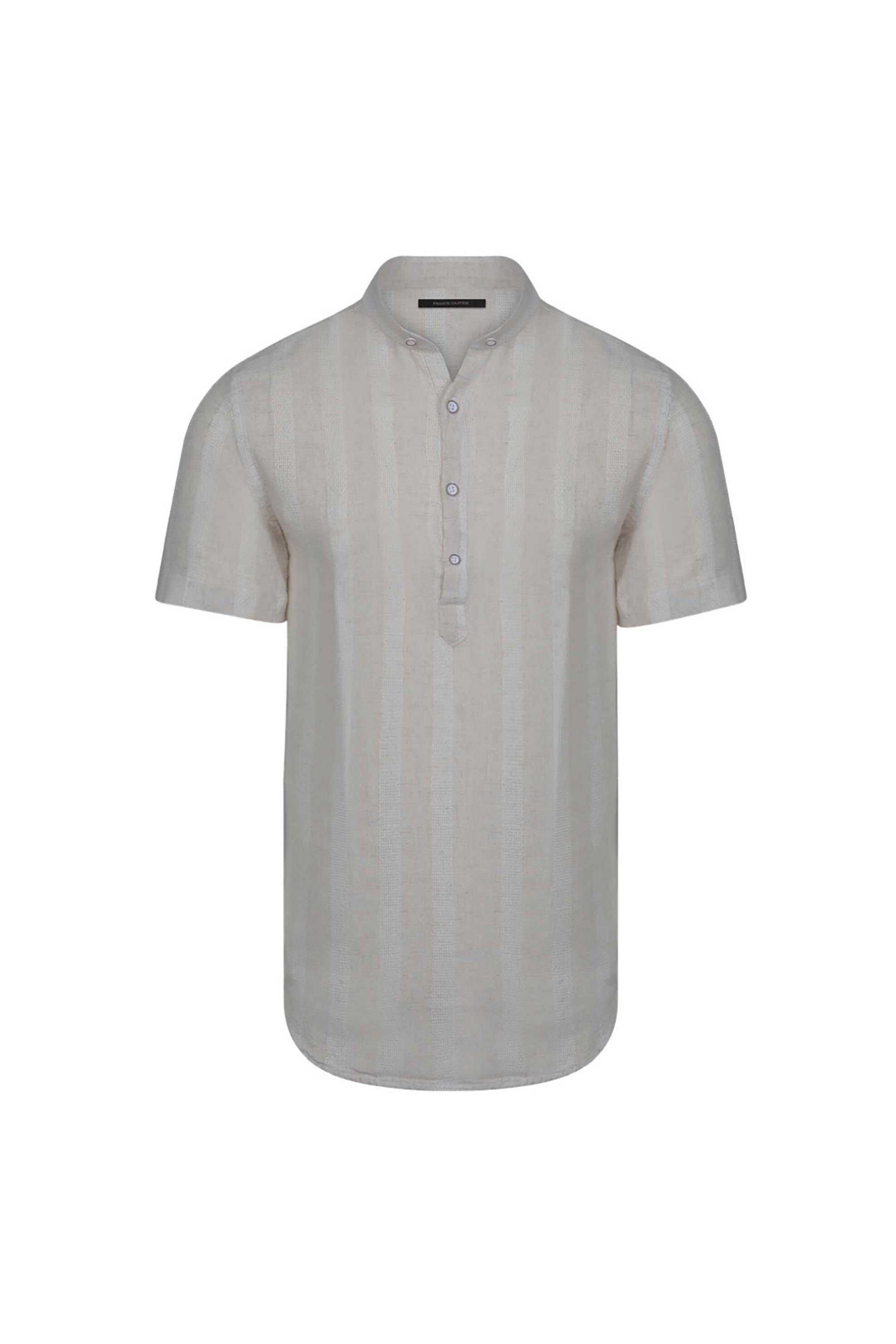 PRINCE OLIVER Prince Oliver ανδρική πουκαμίσα henley από βαμβάκι και λινάρι με ριγέ σχέδιο Modern Fit - 20059347 Μπεζ