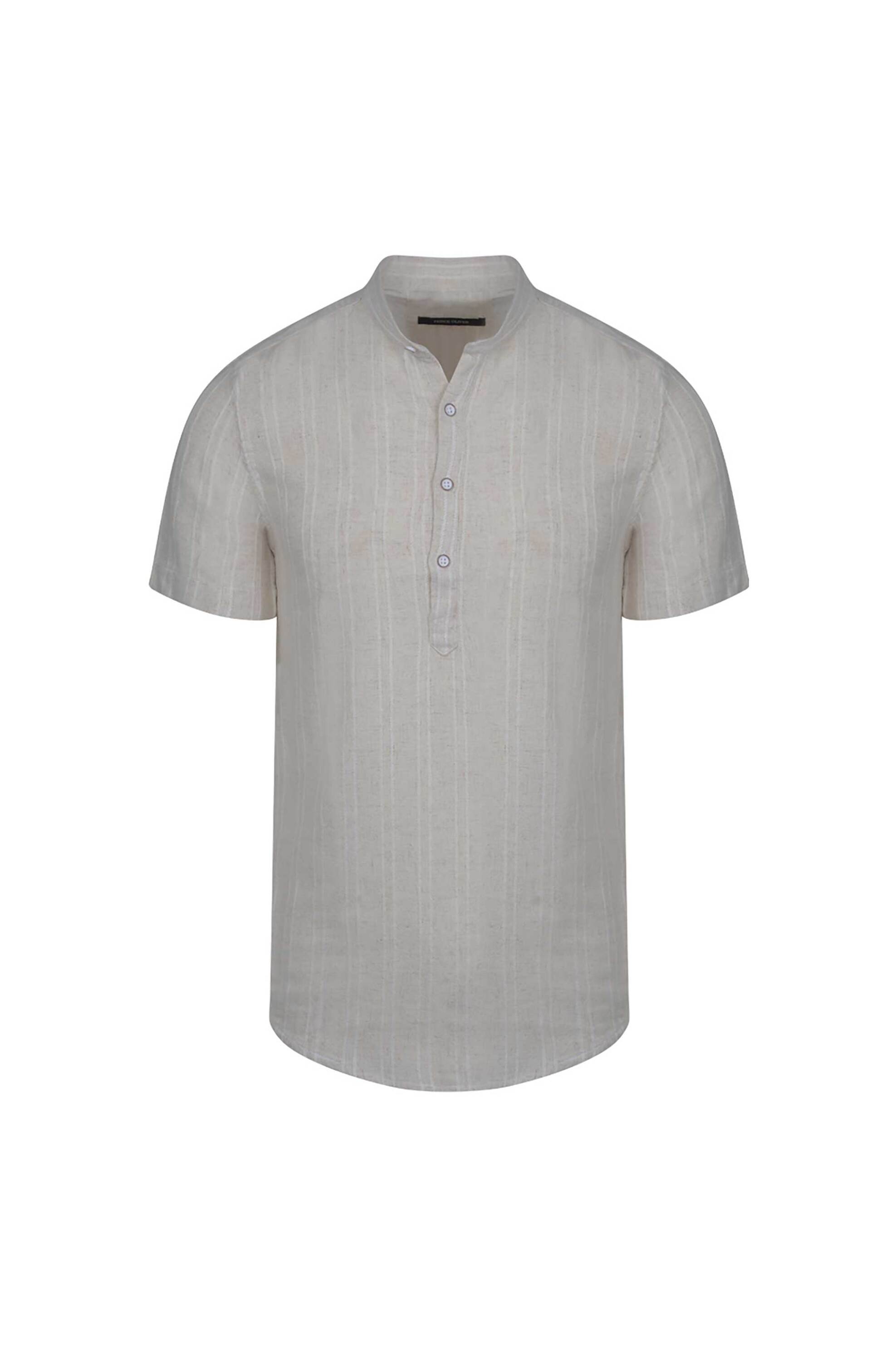 PRINCE OLIVER Prince Oliver ανδρική πουκαμίσα henley από βαμβάκι και λινάρι με ριγέ σχέδιο Modern Fit - 20059348 Μπεζ