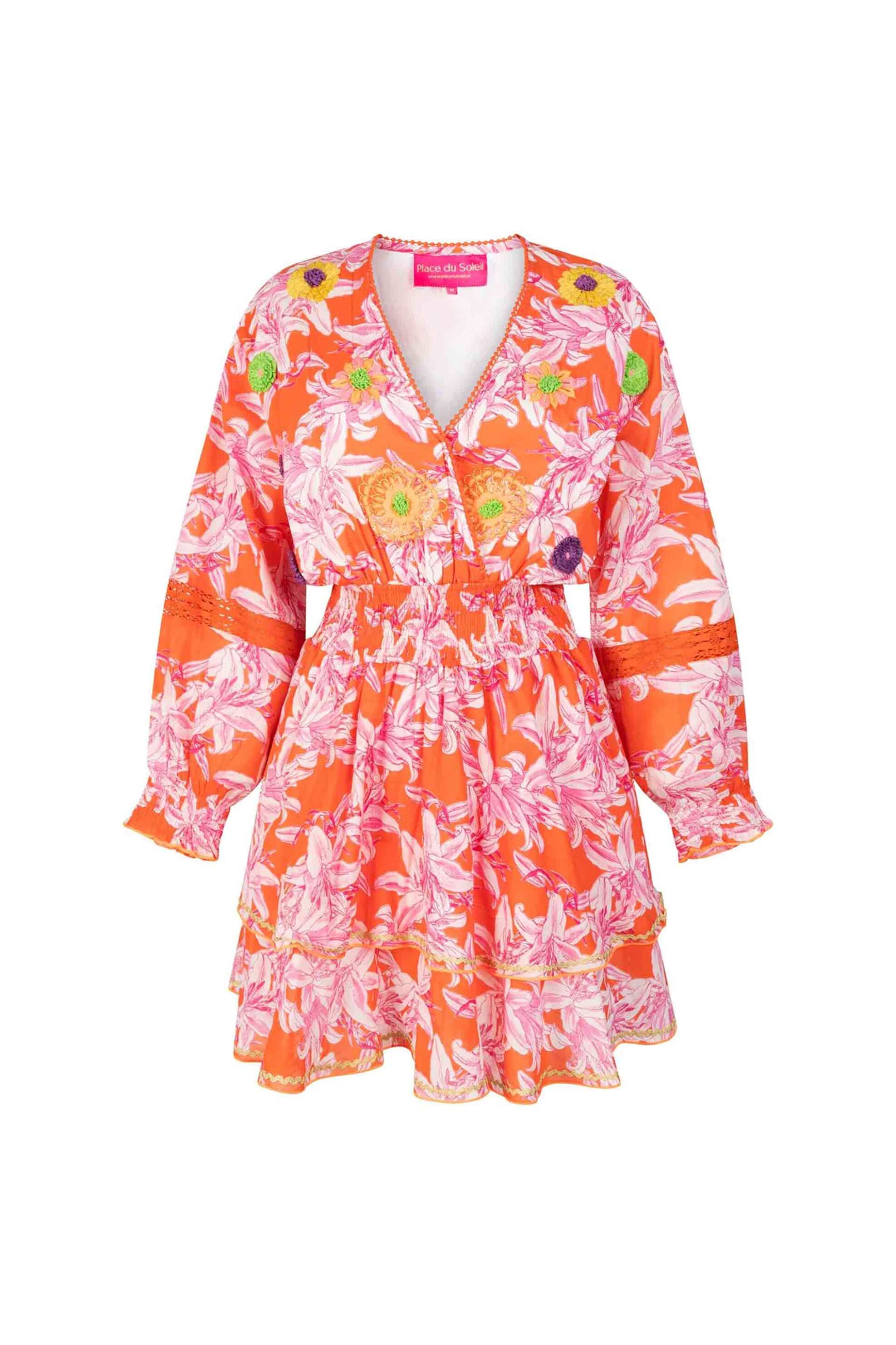PLACE DU SOLEIL Place du Soleil γυναικείο mini φόρεμα εμπριμέ "Orange White Lelies" - S25-423 Πολύχρωμο