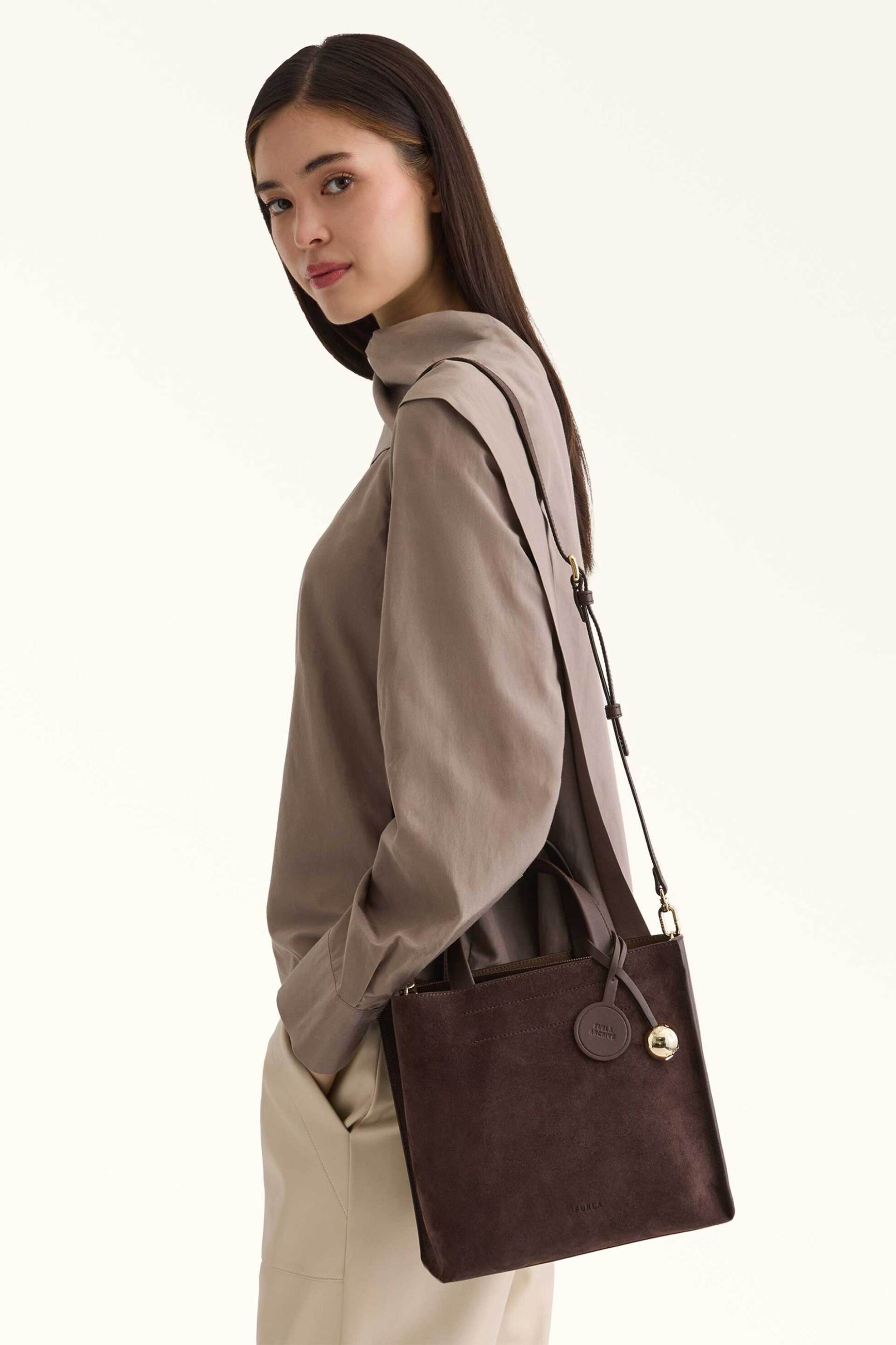 Furla Γυναικεία Δερμάτινη Τσάντα Χειρός Divide It Tote S - Wb02123-Bx4018 Καφέ