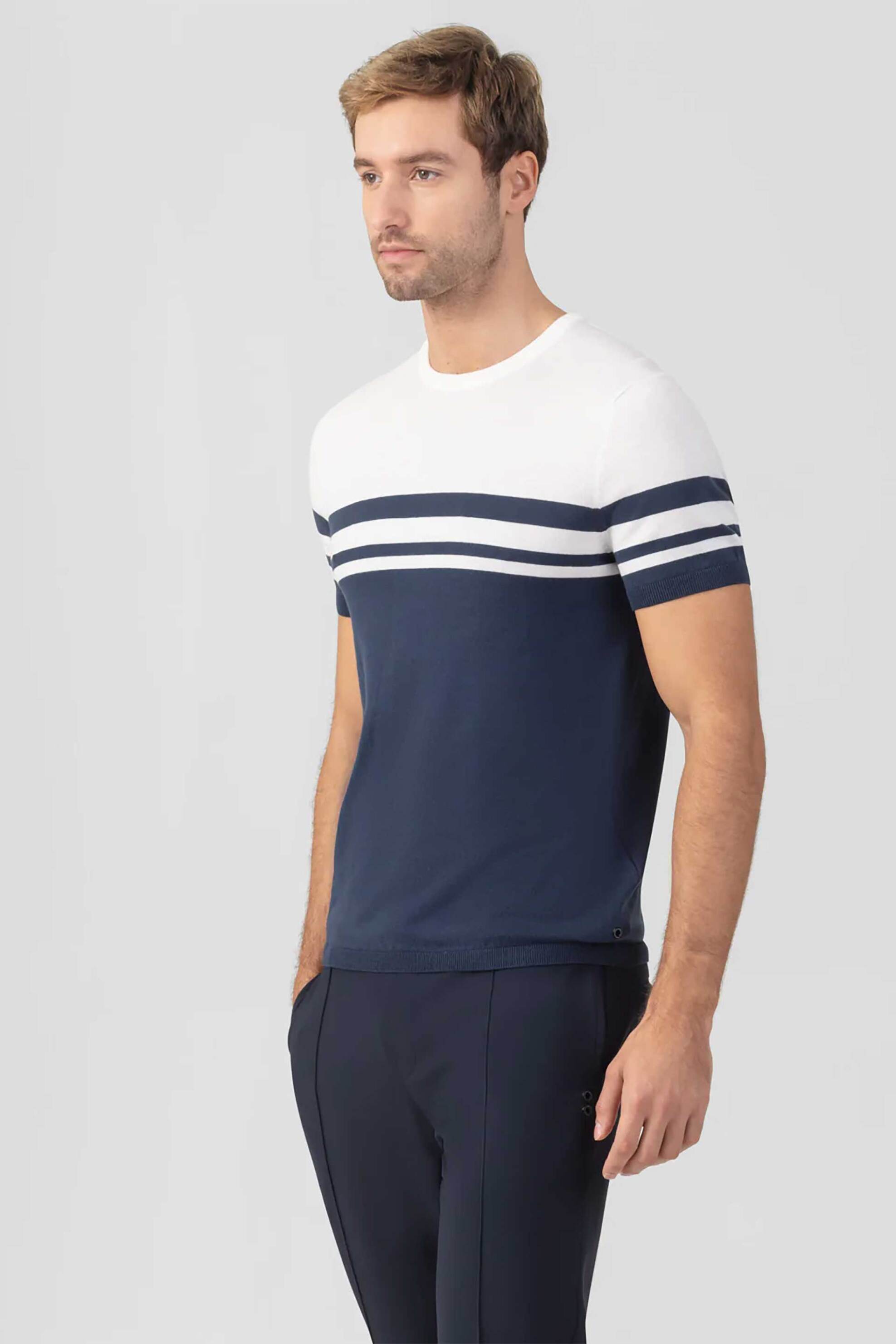 Ron Dorff ανδρικό πλεκτό T-shirt δίχρωμο Tapered Fit - 19TS1929B Μπλε φωτογραφία