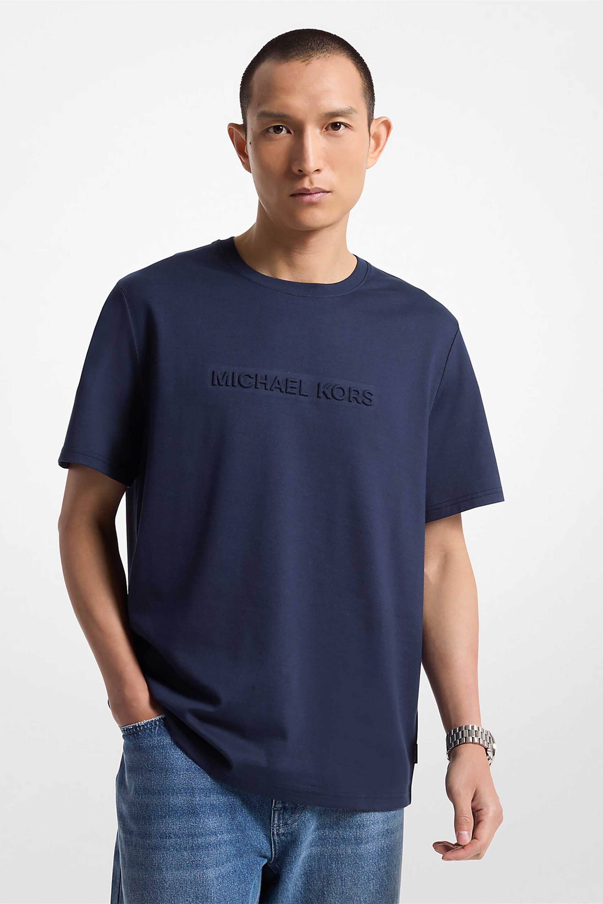 Michael Kors ανδρικό T-shirt με κεντημένο ανάγλυφο λογότυπο Regular Fit - CF4529H1V2 Μπλε Σκούρο