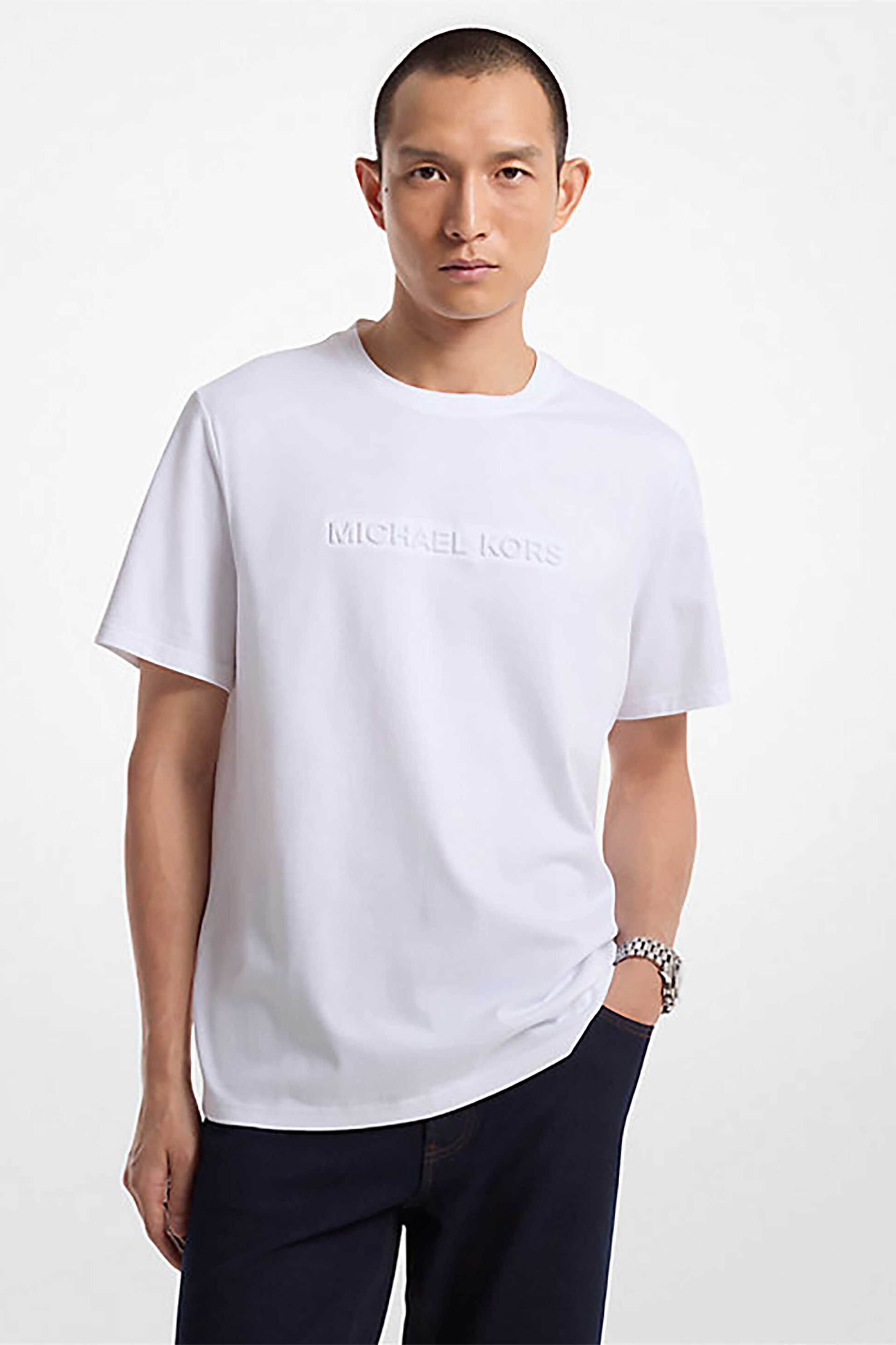 Michael Kors ανδρικό T-shirt με κεντημένο ανάγλυφο λογότυπο Regular Fit - CF4529H1V2 Λευκό