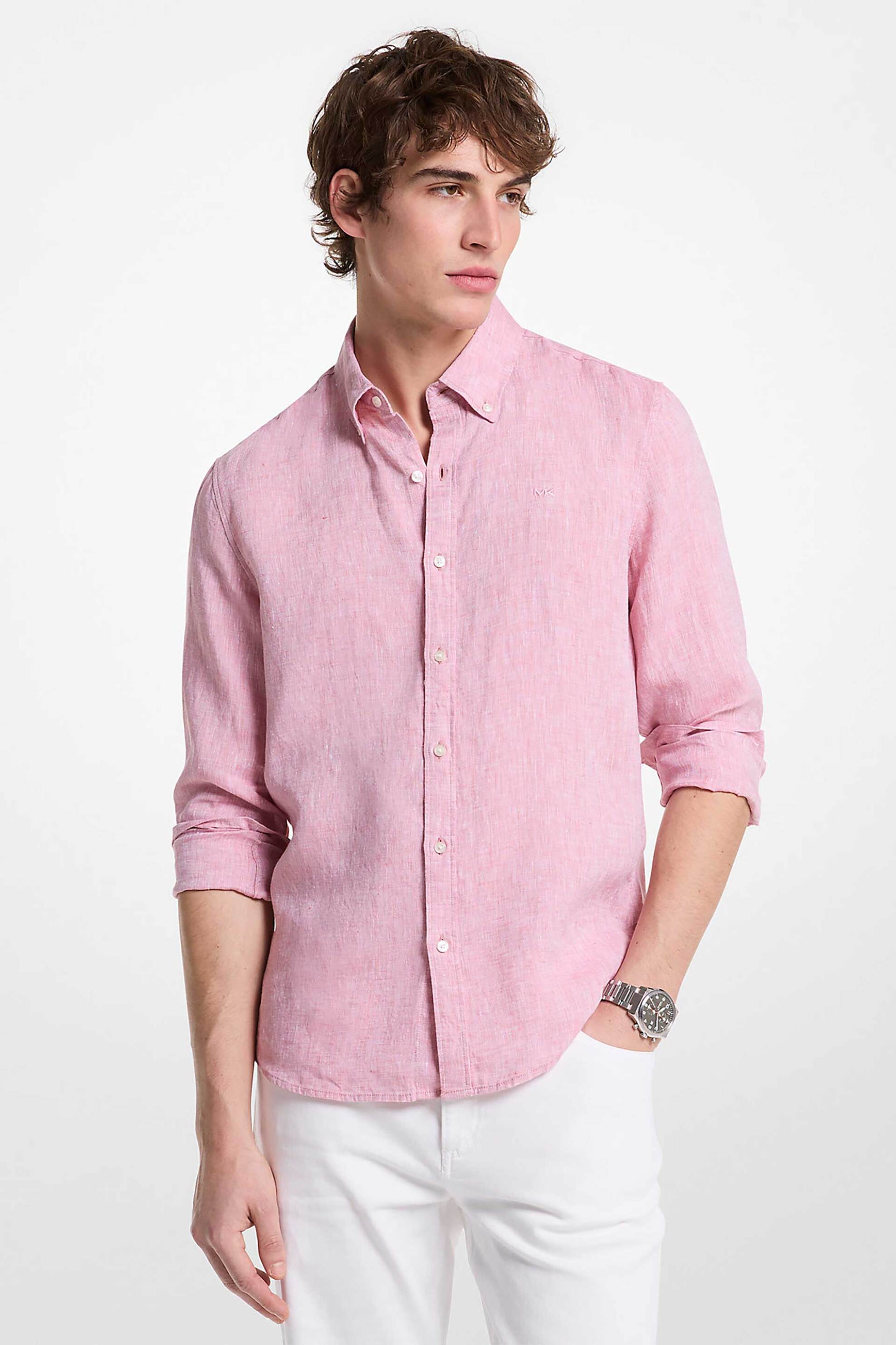 Michael Kors ανδρικό λινό πουκάμισο button down με κεντημένο monogram Relaxed Fit - CS4400H4YT Ροζ
