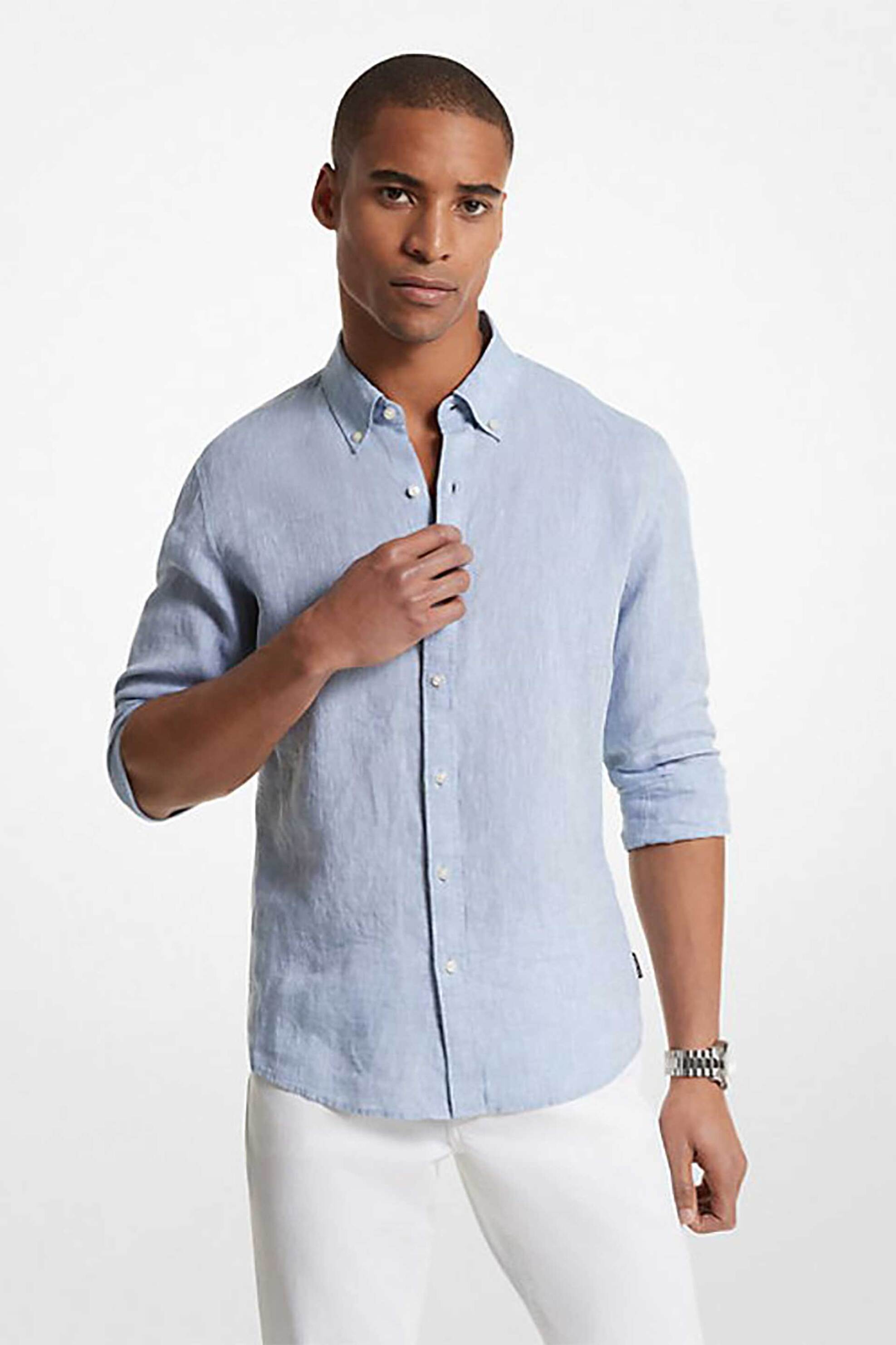 Michael Kors ανδρικό λινό πουκάμισο button down με κεντημένο monogram Relaxed Fit - CS4400H4YT Μπλε Ανοιχτό