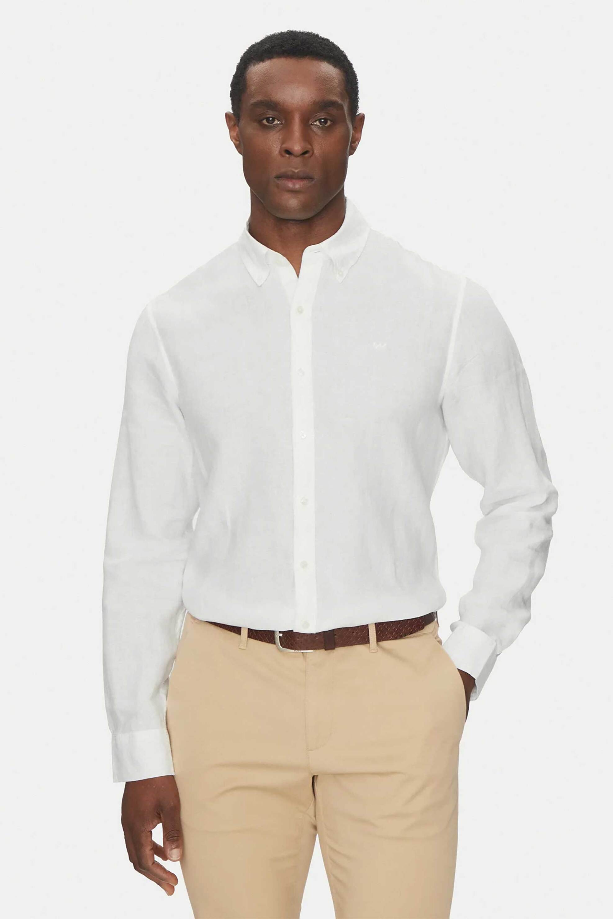 Michael Kors ανδρικό λινό πουκάμισο button down με κεντημένο monogram Relaxed Fit - CS4400H4YT Λευκό