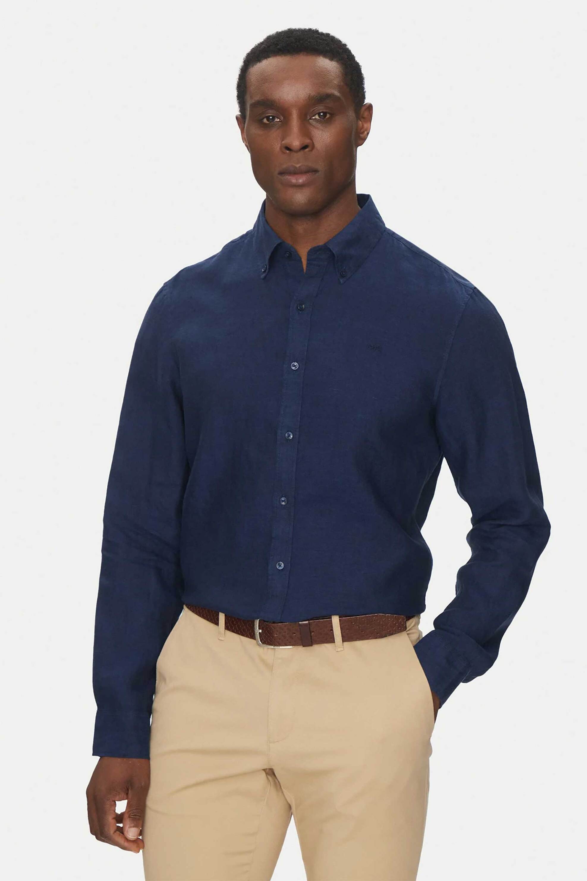 Michael Kors ανδρικό λινό πουκάμισο button down με κεντημένο monogram Relaxed Fit - CS4400H4YT Μπλε Σκούρο