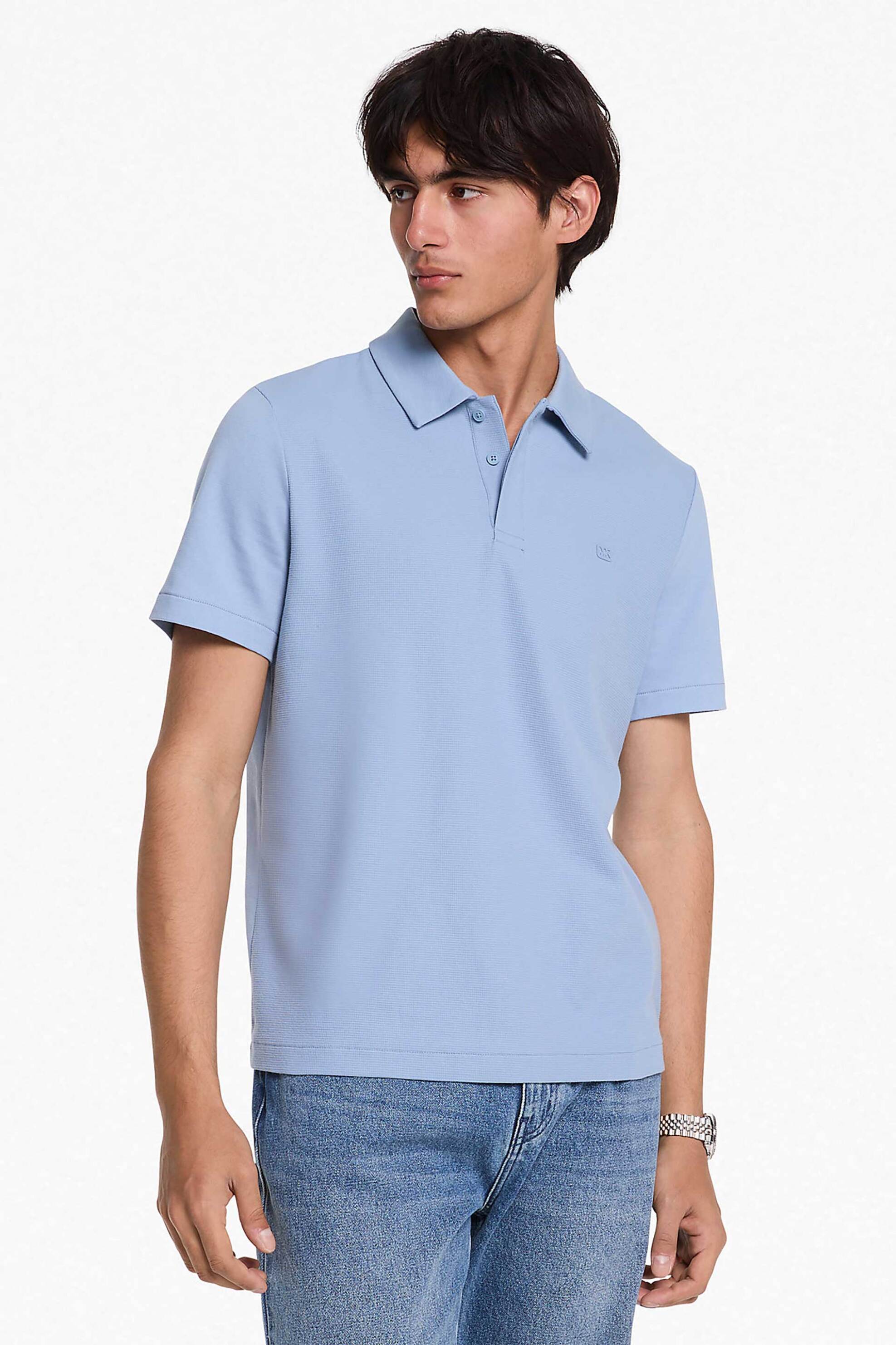 Michael Kors ανδρική μπλούζα πόλο πικέ κοντομάνικη με monogram Regular Fit - CS552GZH5J Μπλε Ανοιχτό