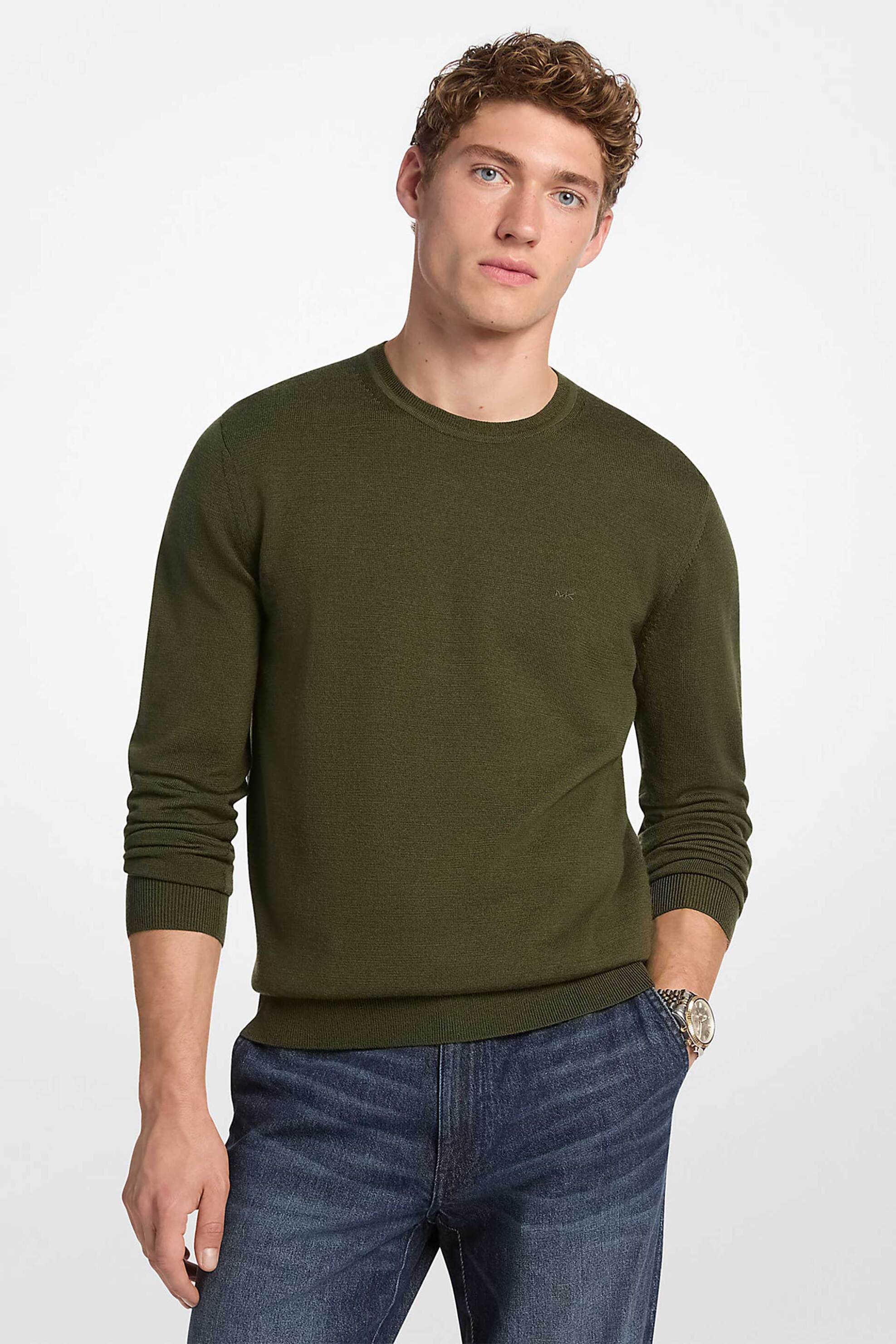 Michael Kors ανδρικό μάλλινο πουλόβερ με κεντημένο monogram - CF460F77AP Χακί