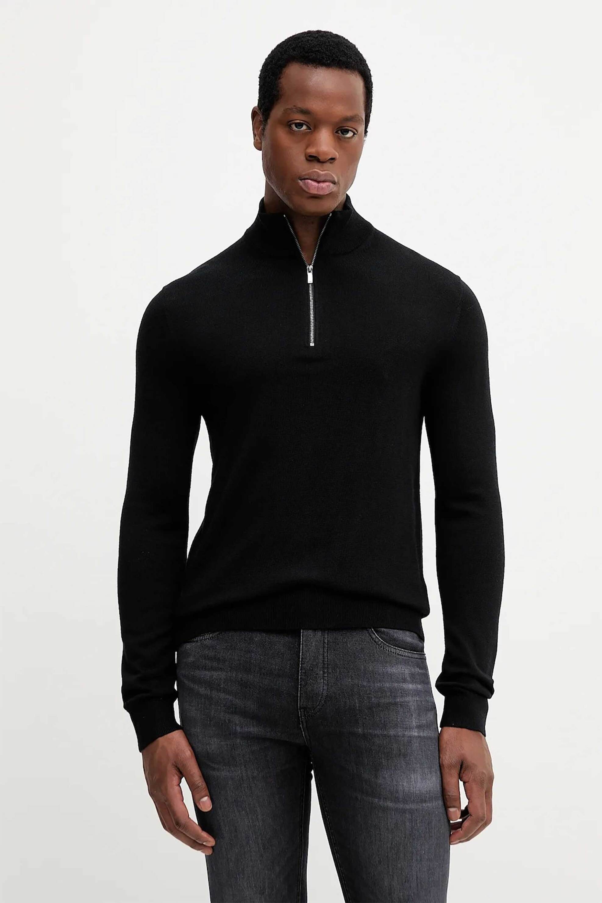 Michael Kors ανδρικό μάλλινο πουλόβερ με ψηλό λαιμό και 1/2 φερμουάρ - CR1601Z7AP Μαύρο