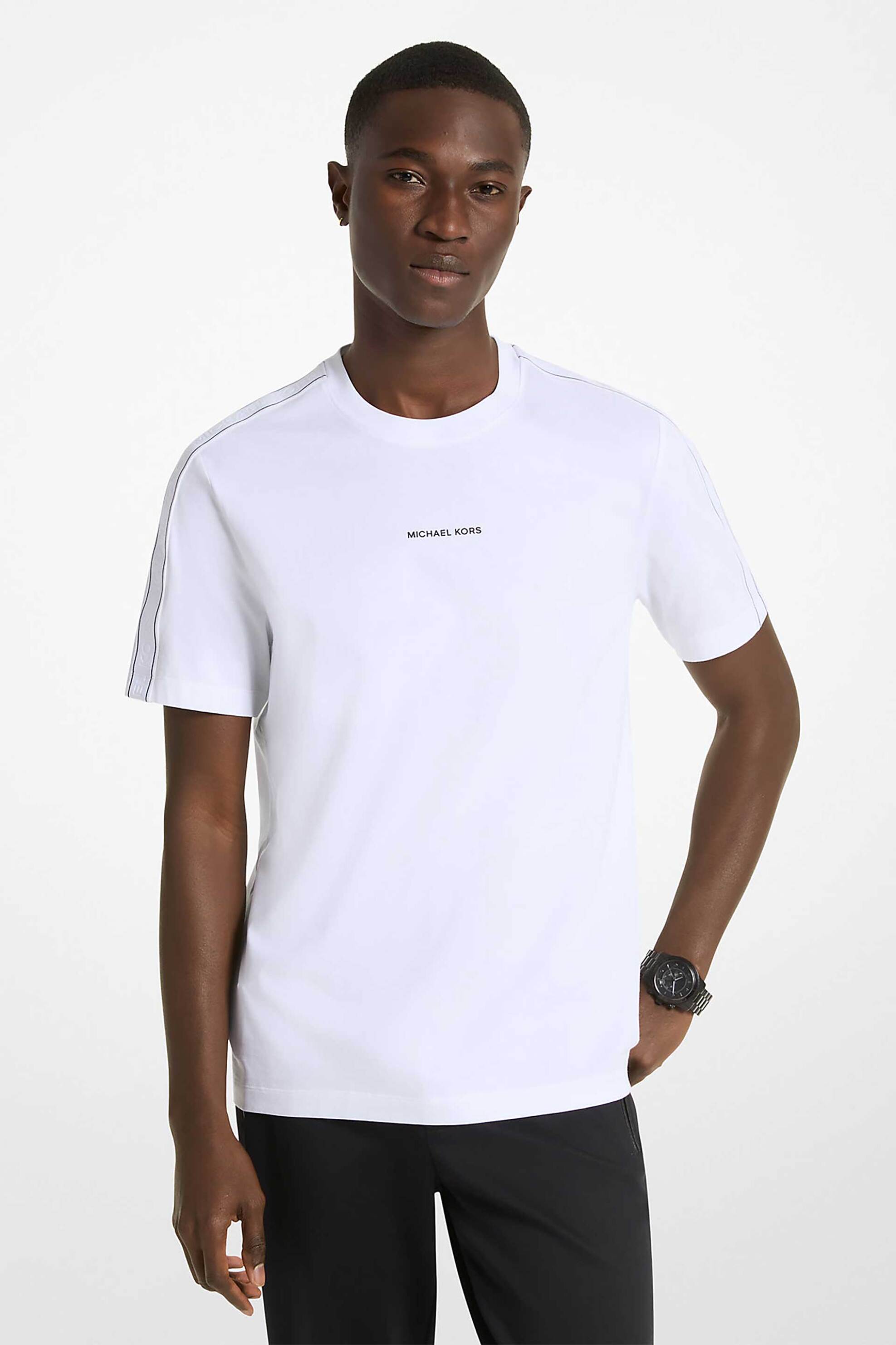 Michael Kors ανδρικό T-shirt με logo tape στους ώμους Regular Fit - CT4524E1V2 Λευκό