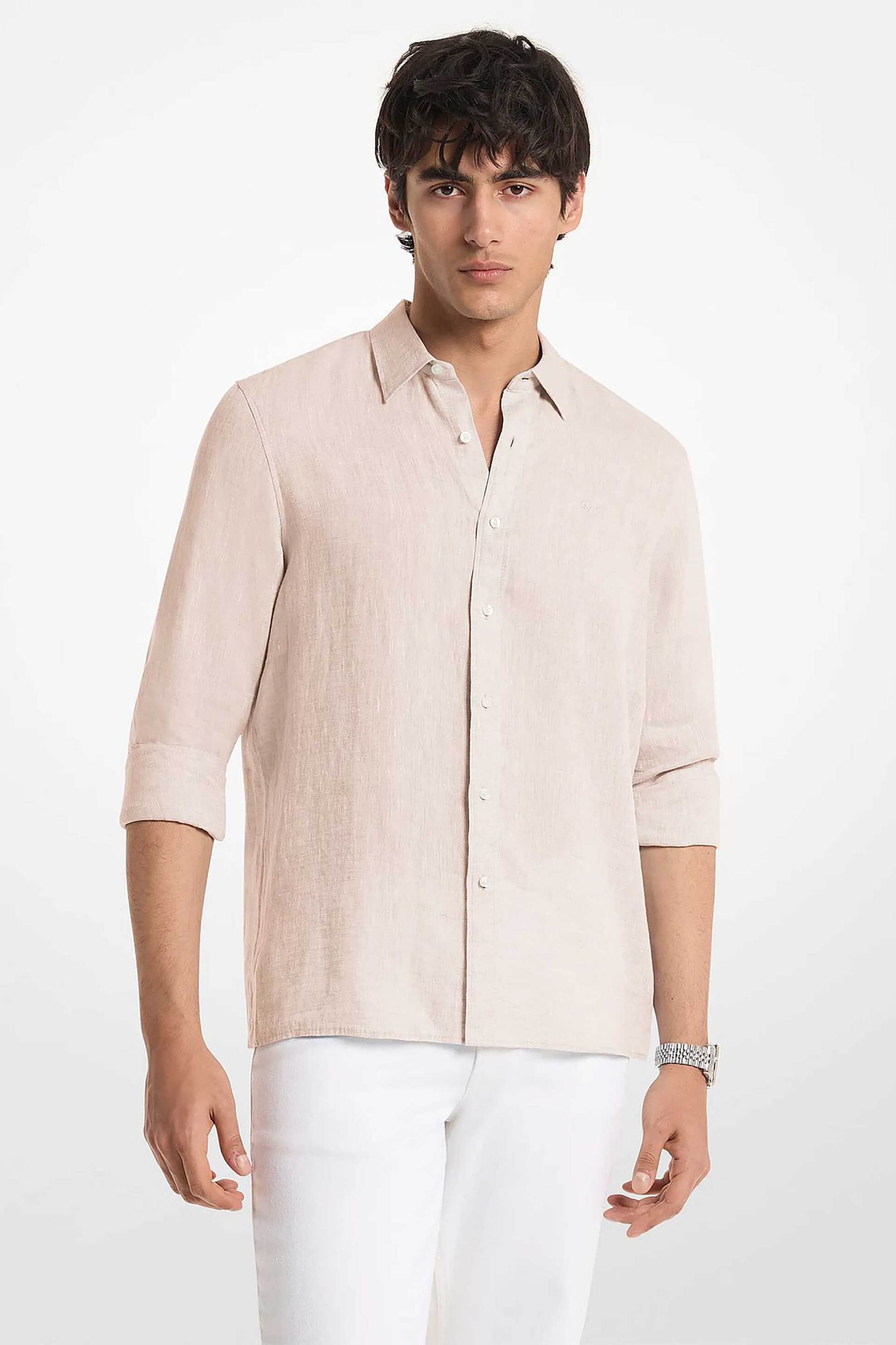 Michael Kors ανδρικό λινό πουκάμισο με κεντημένο monogram Classic Fit - CF5409I4YT Μπεζ