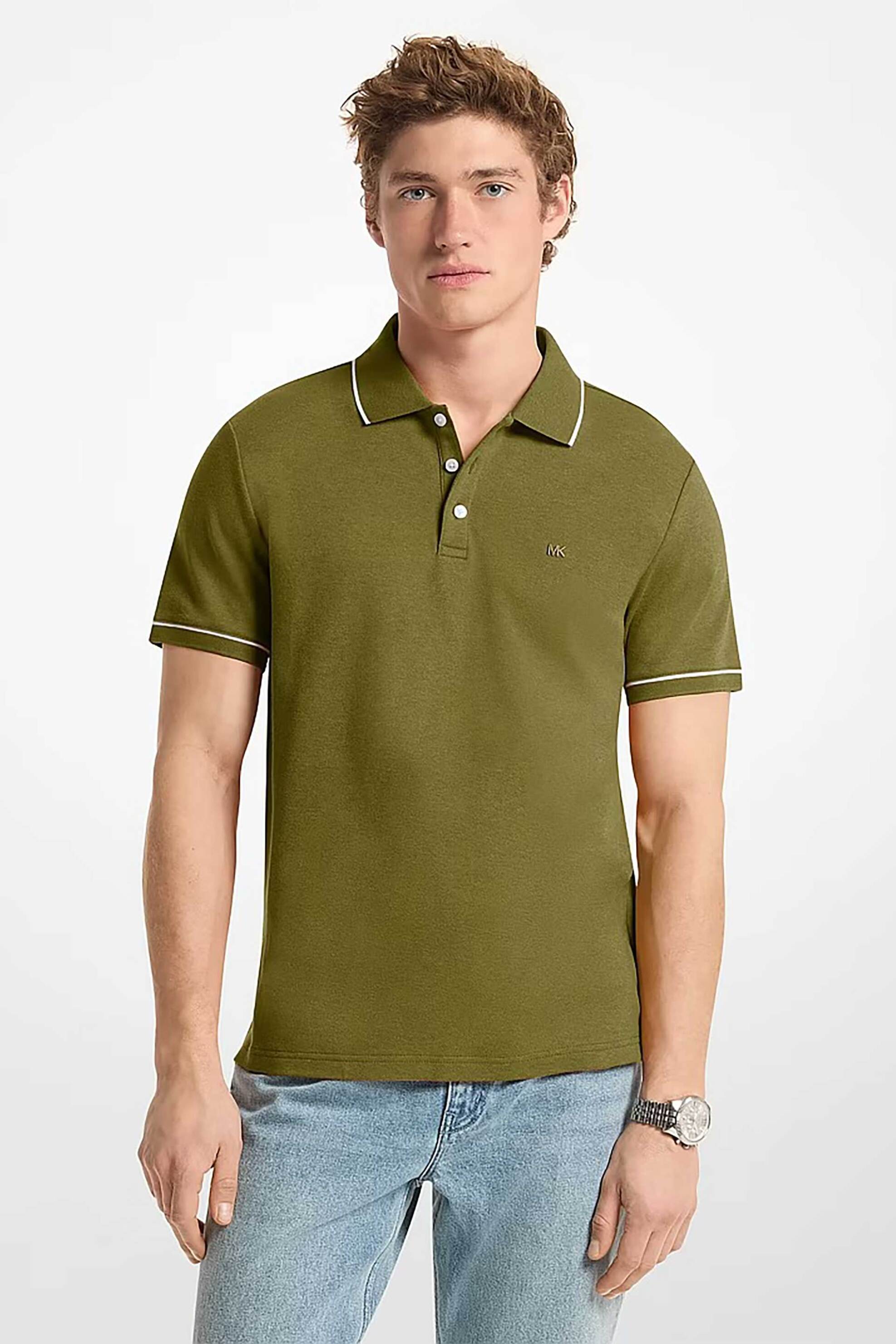 Michael Kors ανδρική μπλούζα πόλο με contrast trims και κεντημένο monogram Regular Fit - CR652SX20B Λαδί