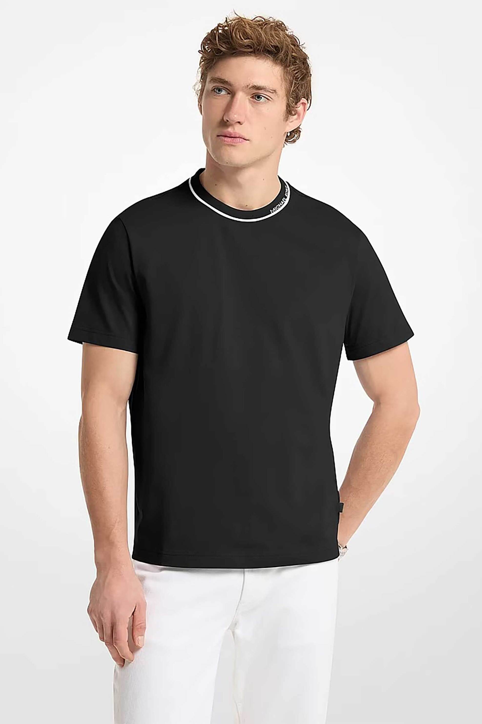 Michael Kors ανδρικό T-shirt με contrast ρίγα και λογότυπο στη λαιμόκοψη Classic Fit - CS652SN19P Μαύρο