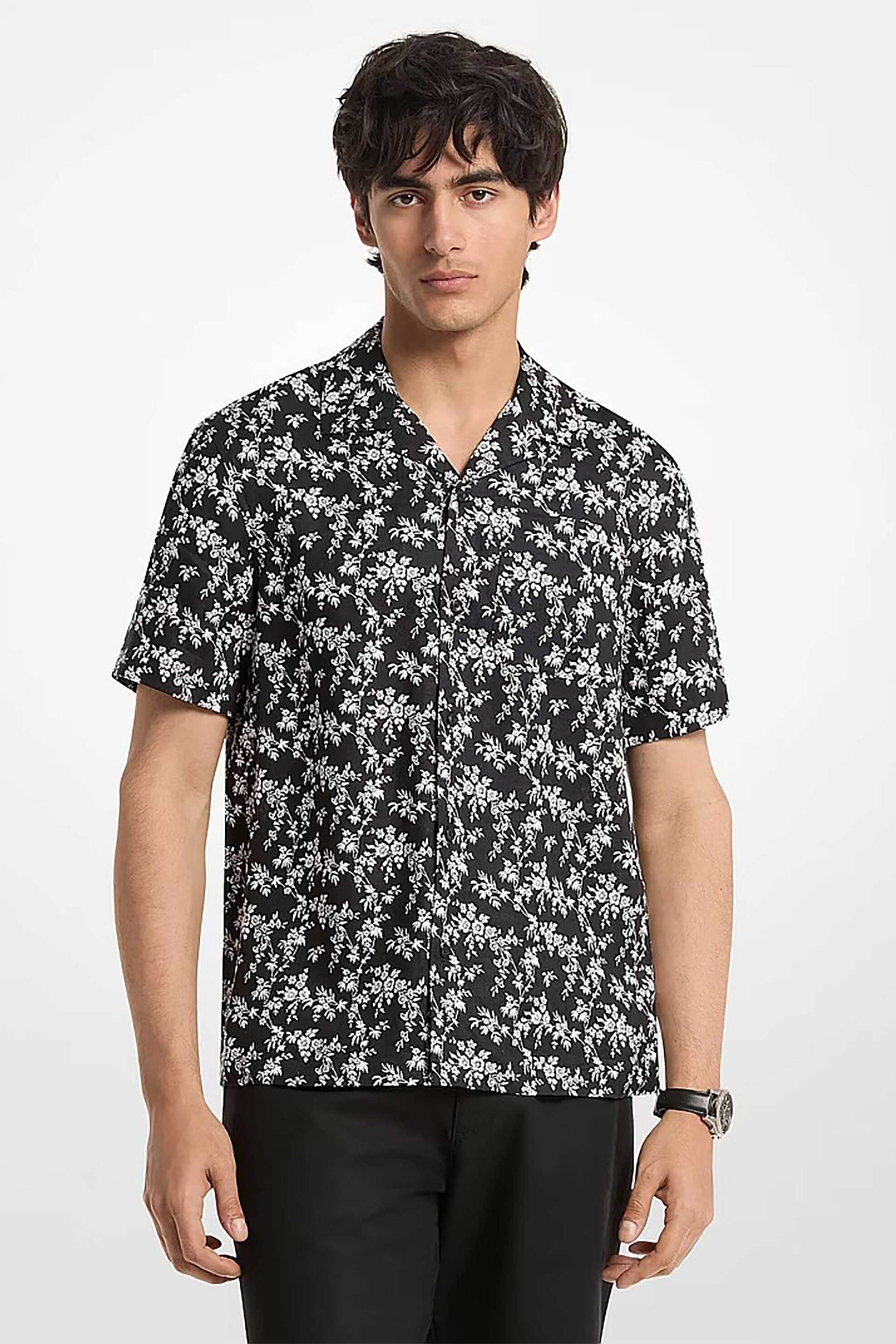 Michael Kors ανδρικό κοντομάνικο λινό πουκάμισο με floral print Relaxed Fit - CS6409LL1E Μαύρο