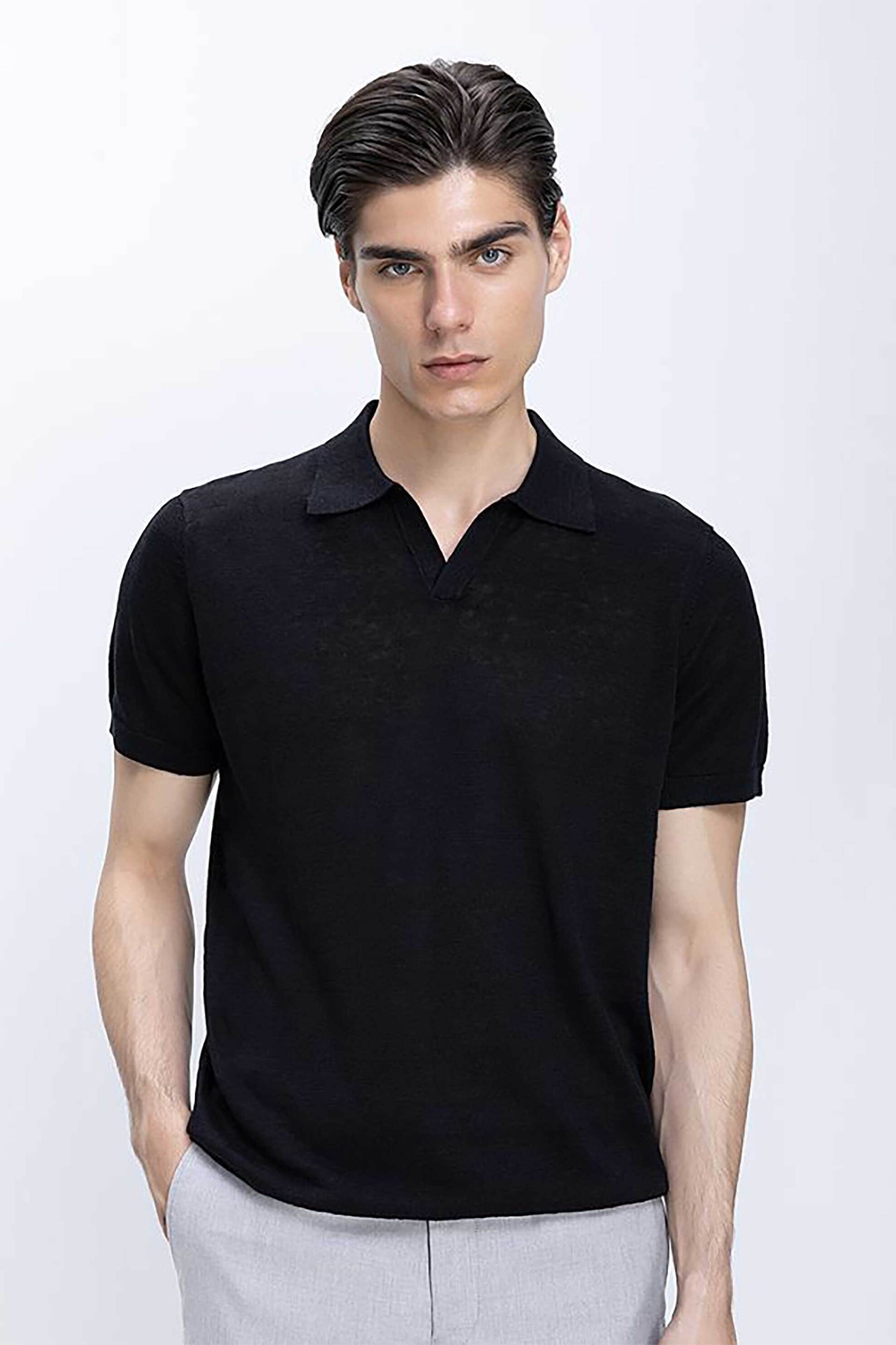 Commander ανδρική λινή μπλούζα πόλο Regular Fit - D204001251100100 Μαύρο
