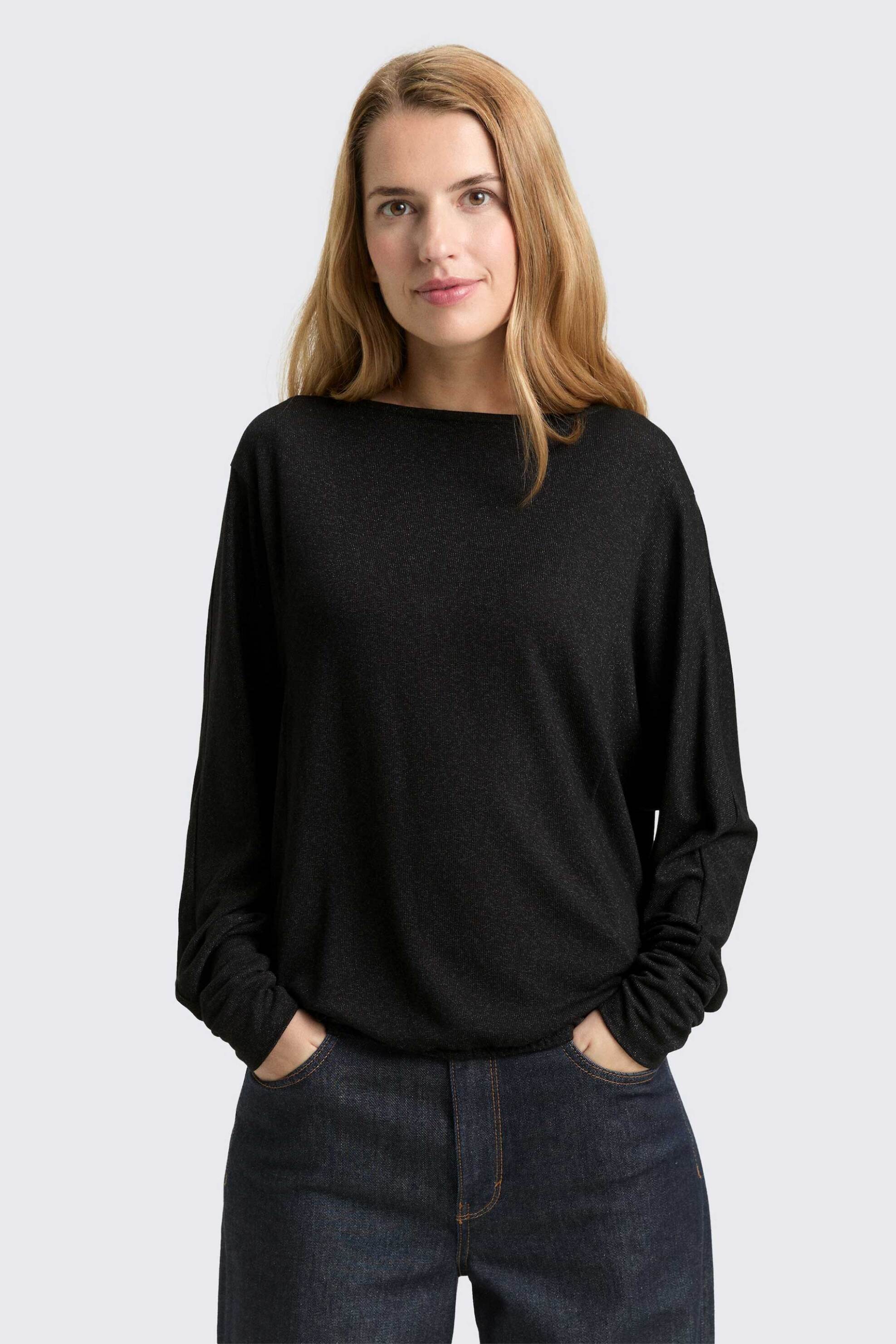 Tom Tailor γυναικεία μπλούζα με μανίκι νυχτερίδα και γκλίτερ όψη Regular Fit - 1048945 Μαύρο