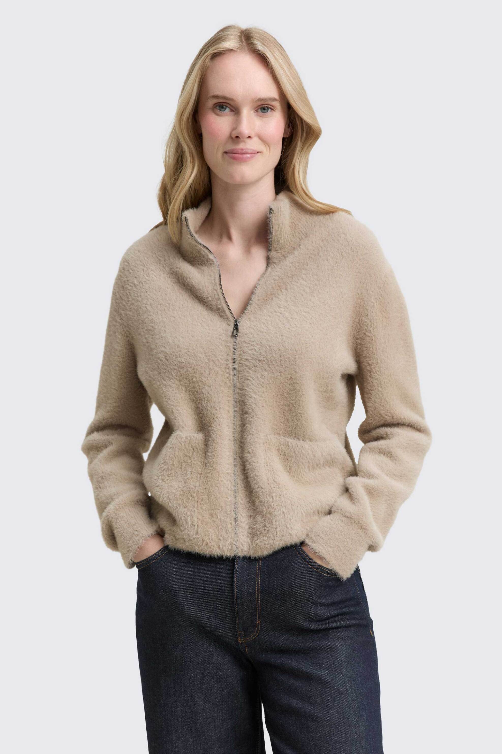 Tom Tailor γυναικεία πλεκτή ζακέτα μονόχρωμη με ribbed λεπτομέρειες Regular Fit - 1048317 Μπεζ