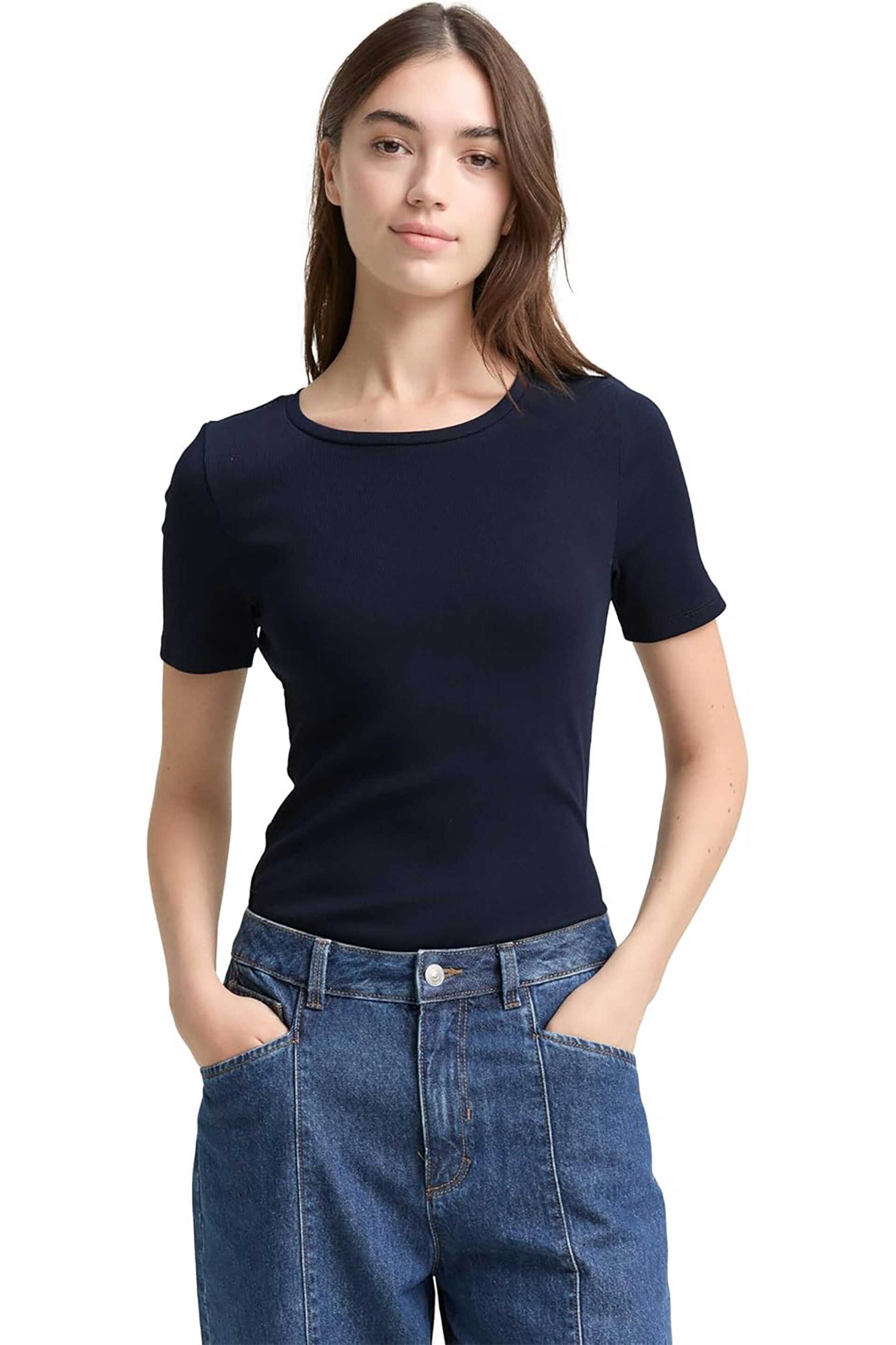 Tom Tailor γυναικείο T-shirt ribbed Regular Fit – 1047860 Μπλε Σκούρο