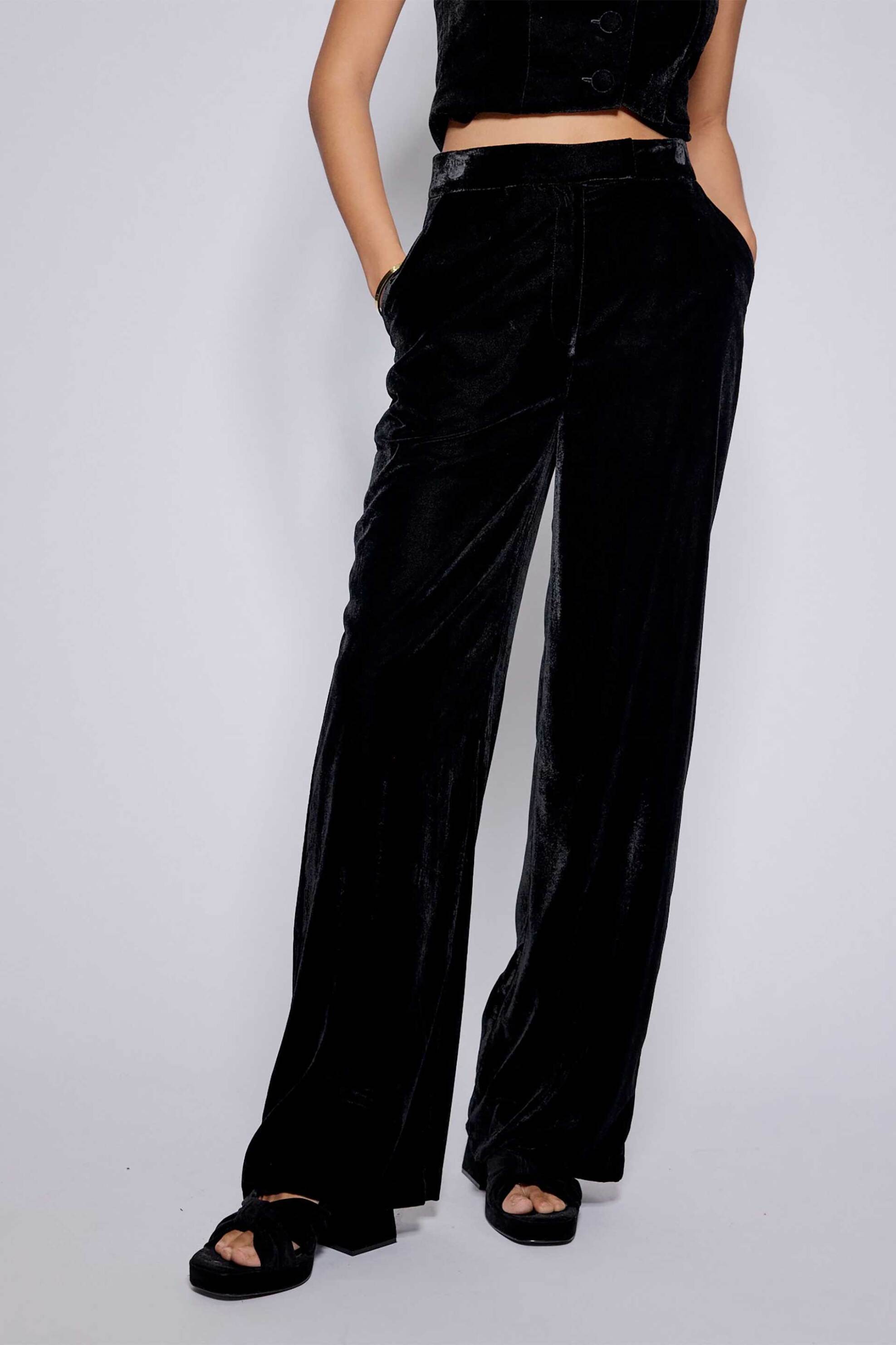 Nobody΄s Child γυναικείο παντελόνι ψηλόμεσo με βελούδινη υφή Straight Fit - B254999BLK Μαύρο φωτογραφία