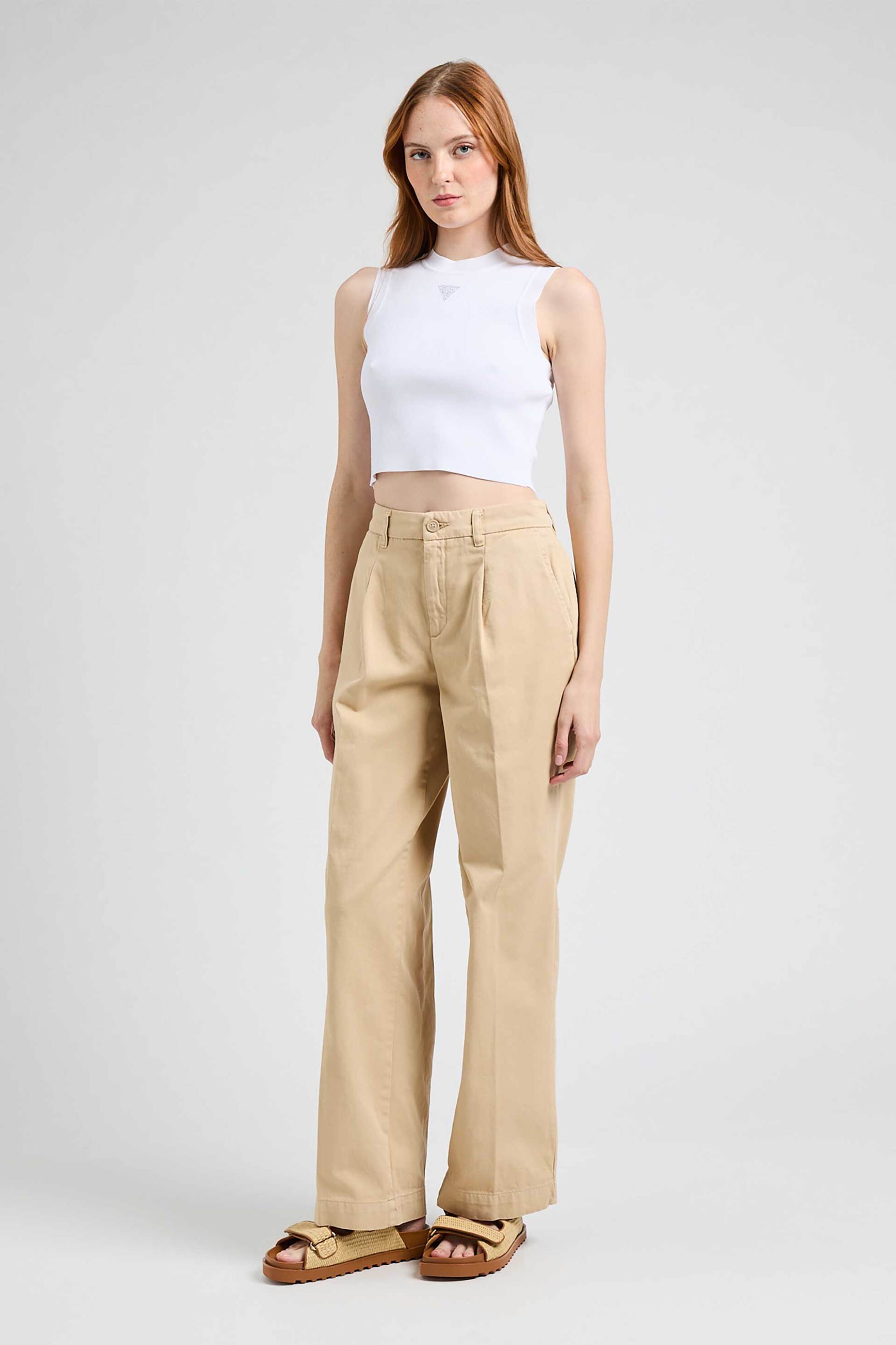 GUESS Guess γυναικείο παντελόνι chino ψηλόμεσο Regular Wide Fit - W4BB44WGCV2 Μπεζ