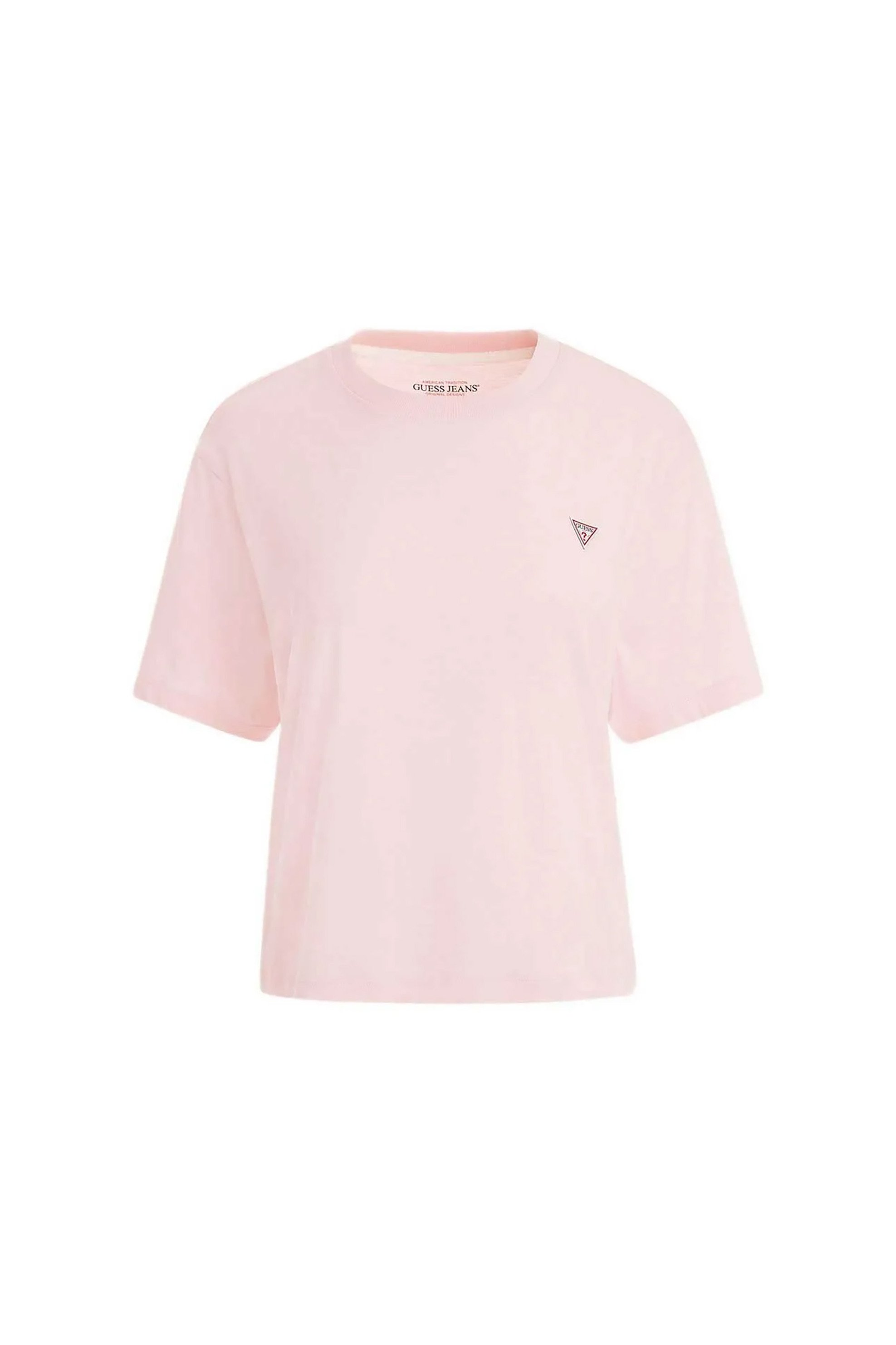 Guess γυναικείο T-shirt με τριγωνικό λογότυπο στο στήθος Boxy Fit - W4YI05K8HM0 Ροζ