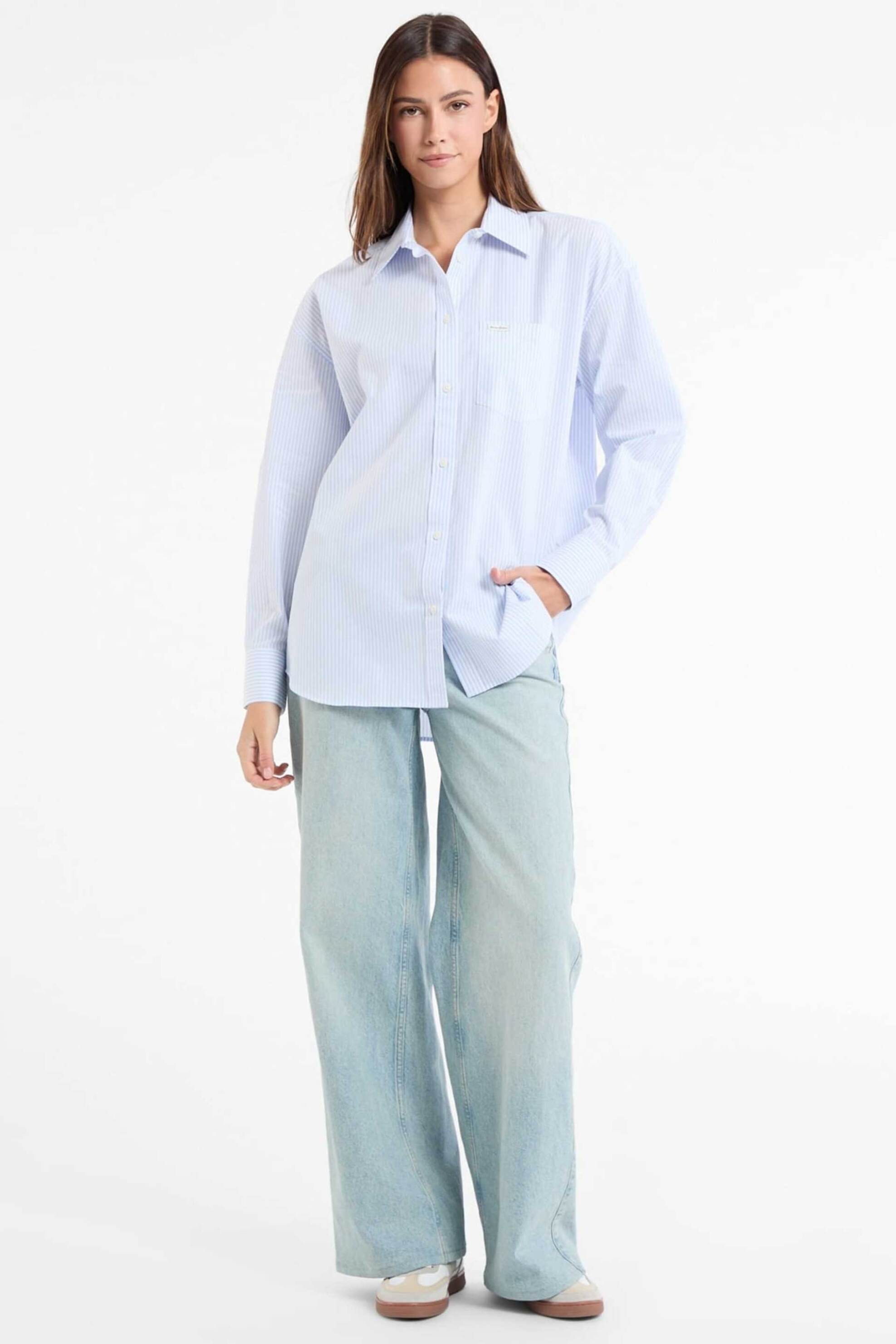 Guess γυναικείο πουκάμισο με ριγέ σχέδιο και τσέπη με logo patch Oversized Fit - W5RH94WGZ11 Γαλάζιο