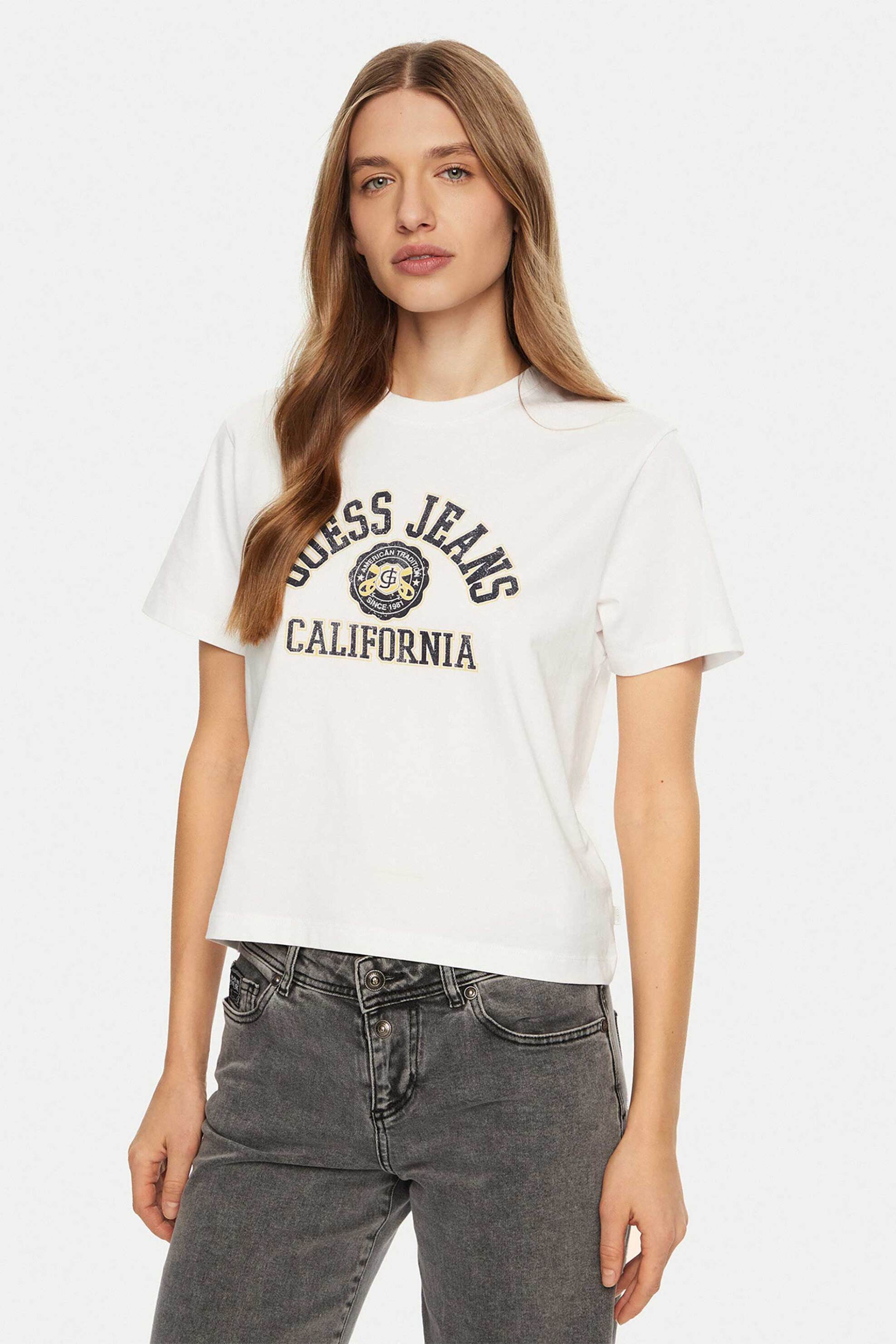 Guess γυναικείο T-shirt με logo print Boxy Fit - W5RI43K8HM0 Λευκό
