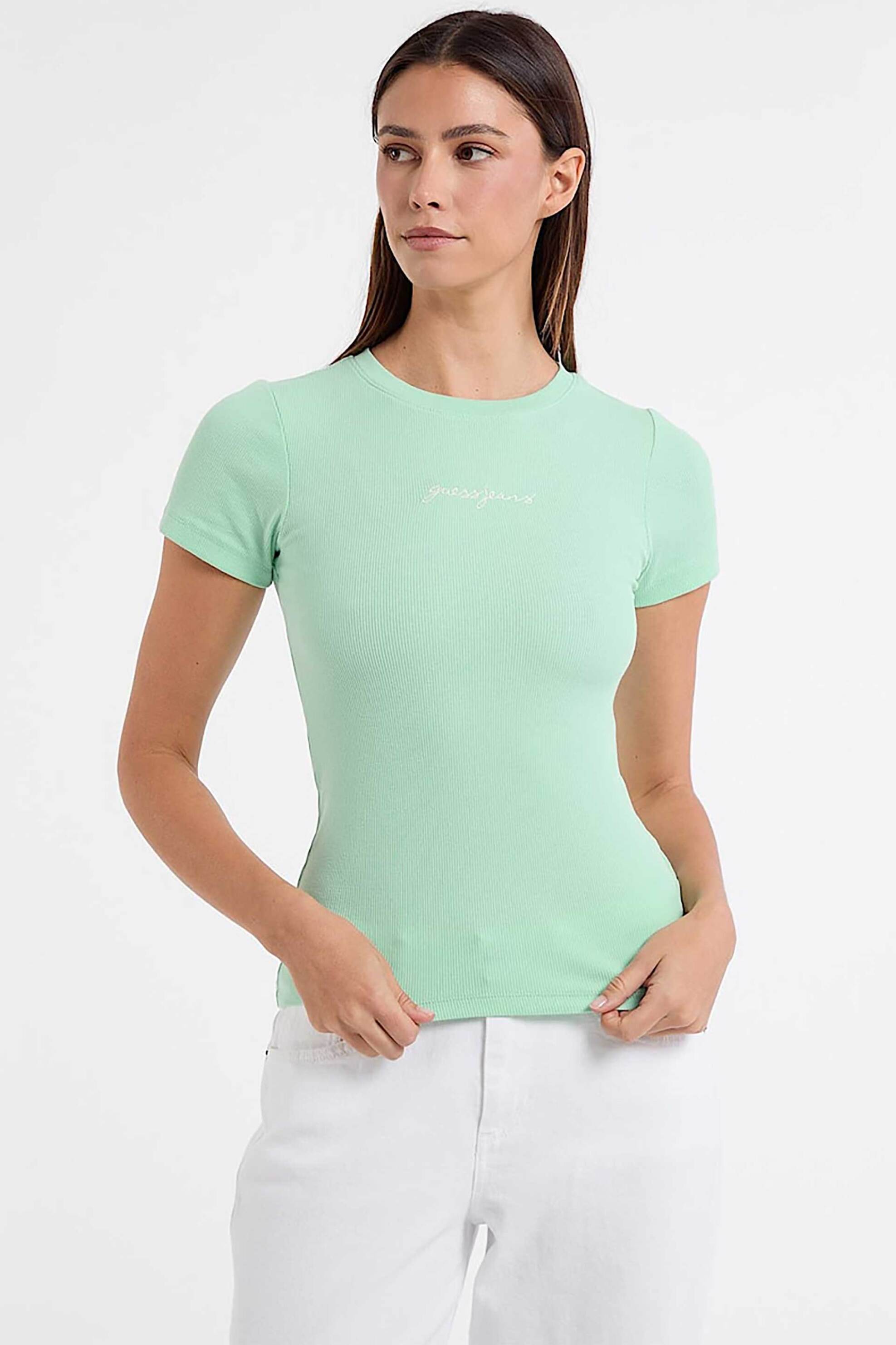 Guess γυναικείο T-shirt ribbed με κεντημένο λογότυπο Slim Fit - W5RI57KA0H1 Βεραμάν Ανοιχτό