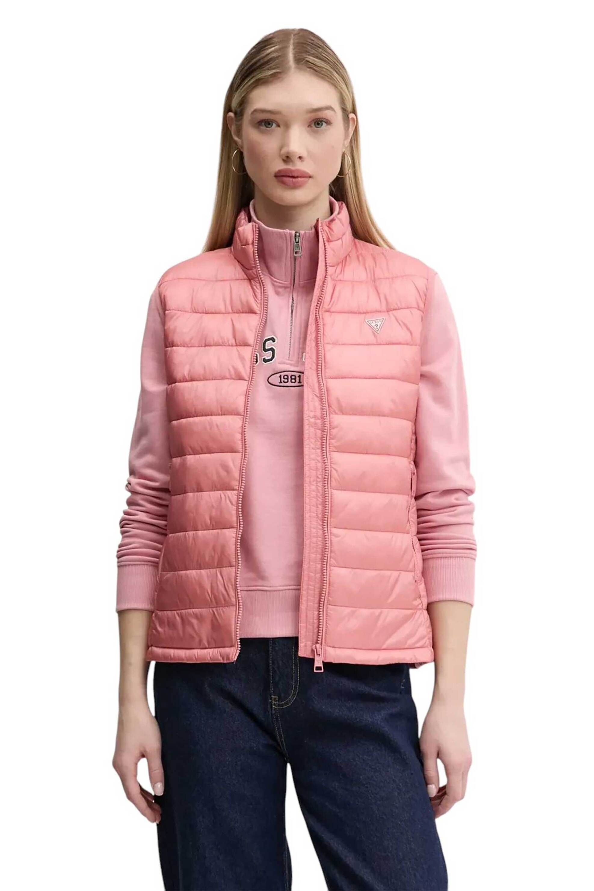 GUESS Guess γυναικείο αμάνικο μπουφάν με καπιτονέ σχέδιο και logo patch Relaxed Fit - W5RN55WHAB2 Ροζ