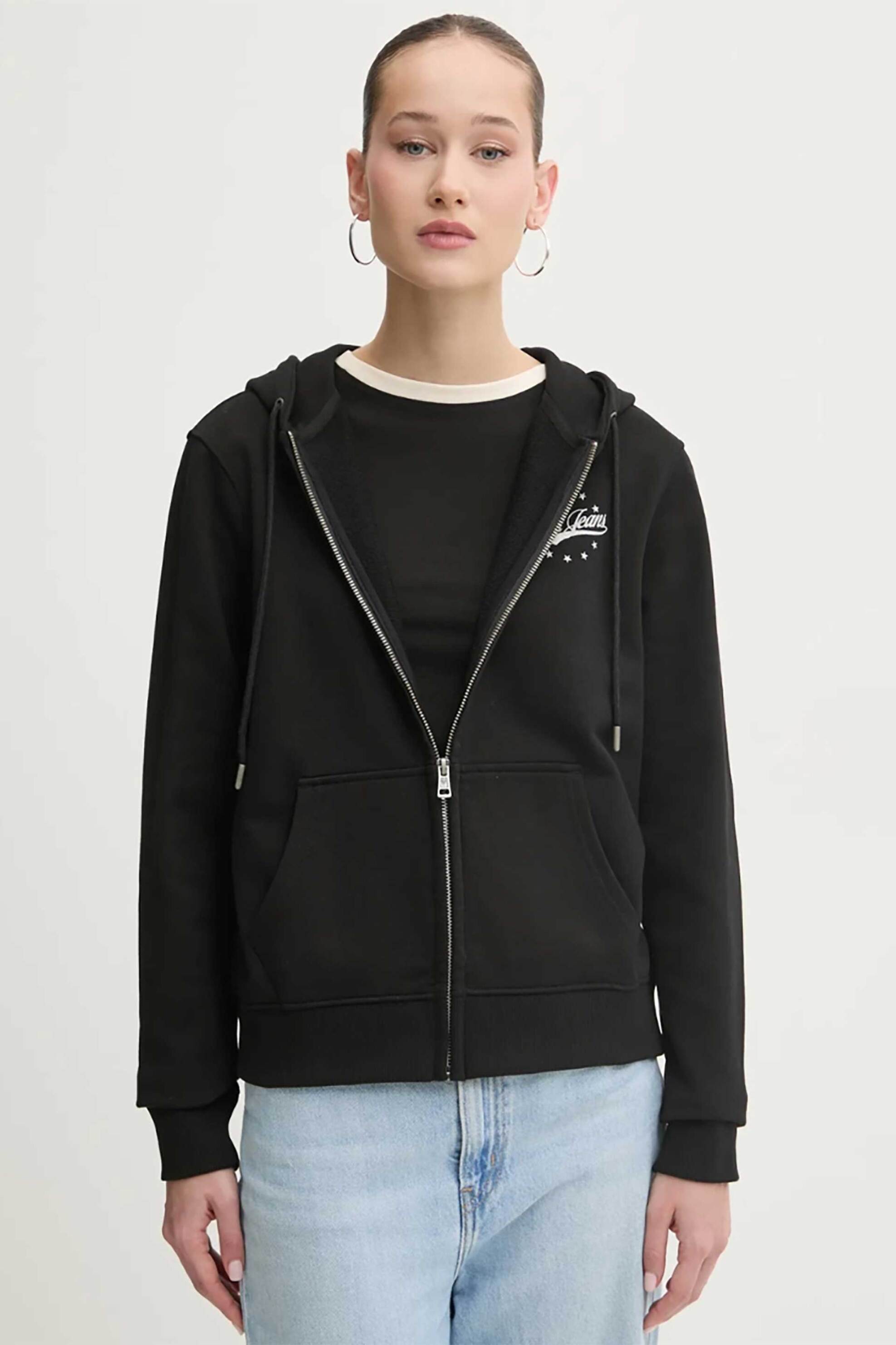 GUESS Guess γυναικεία ζακέτα φούτερ με logo print και κουκούλα Regular Fit - W5RQ21K68I4 Μαύρο