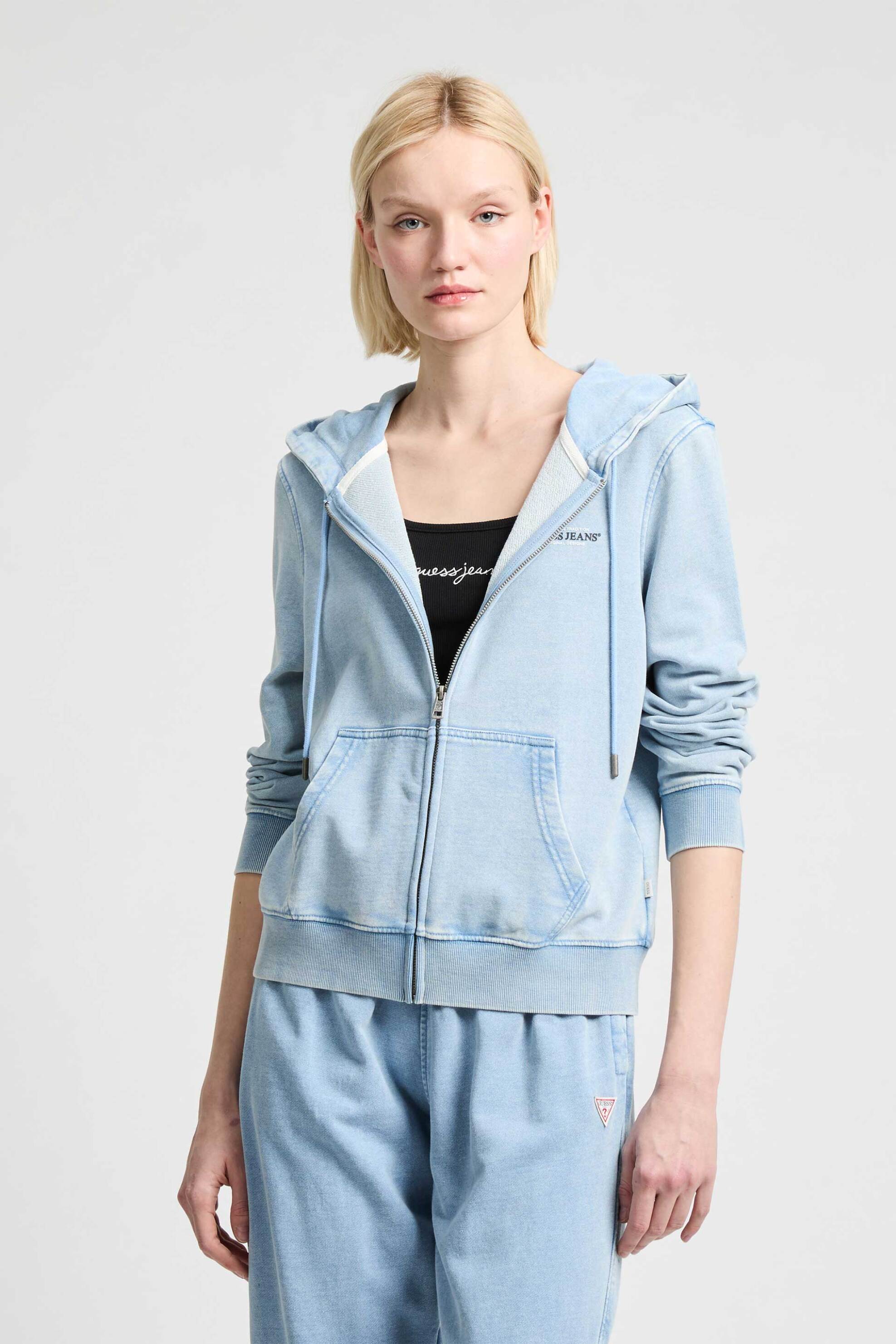 GUESS Guess γυναικεία ζακέτα φούτερ με κουκούλα και denim όψη Regular Fit - W5GQ35KCTJ1 Μπλε Ανοιχτό