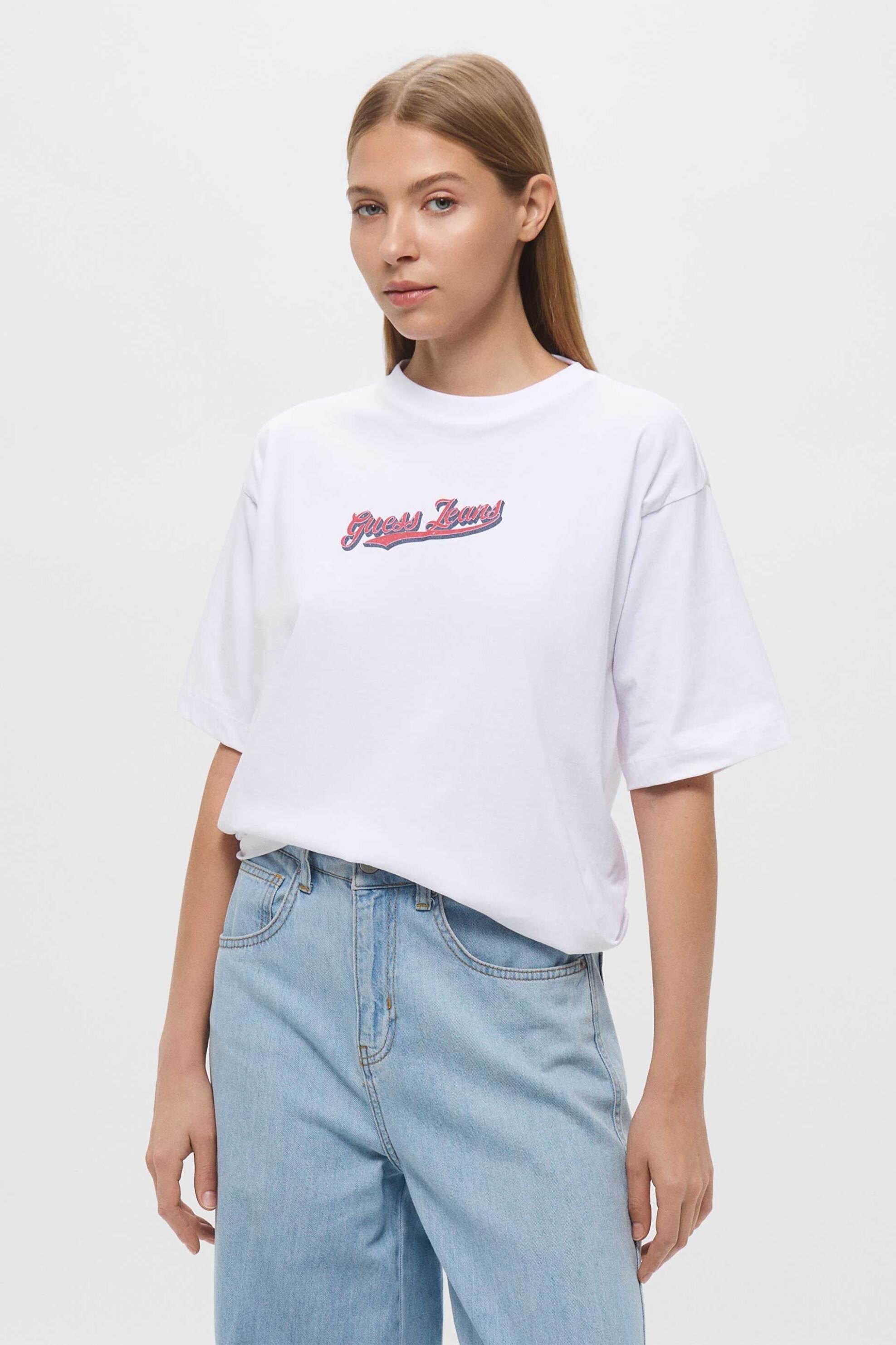 Guess γυναικείο T-shirt με logo print Oversized Fit - W5GI29K8HM0 Λευκό