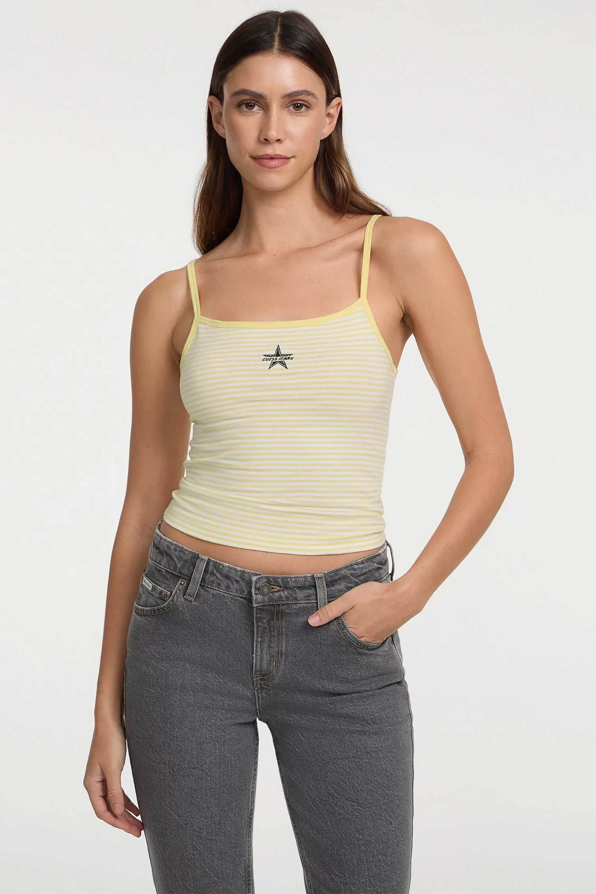 Guess γυναικεία αμάνικη μπλούζα cropped με ριγέ σχέδιο και κέντημα Slim Fit - W5GP35KCIE1 Κίτρινο