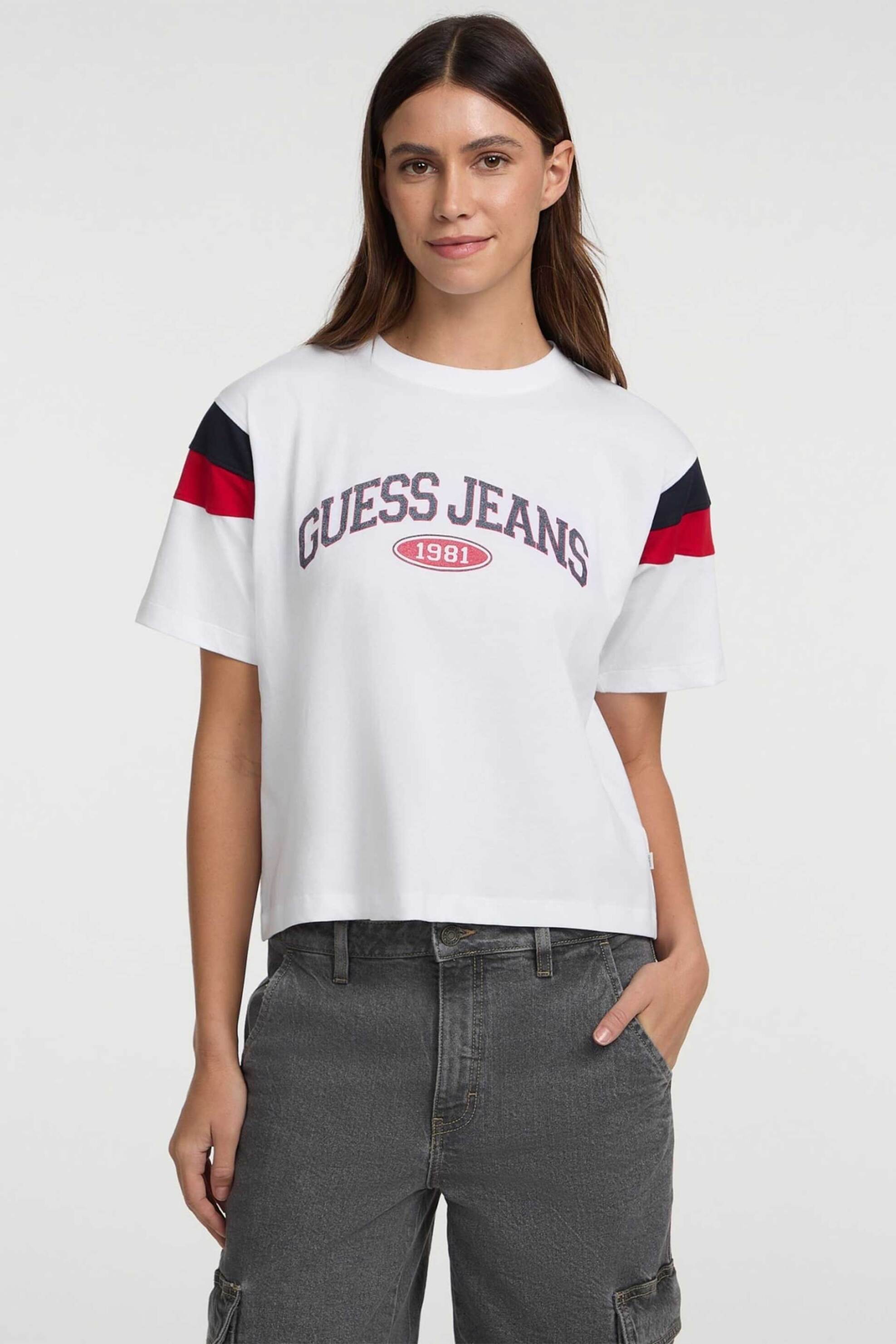 Guess γυναικείο cropped τοπ με logo print Boxy Fit - W5GI21K8HM0 Λευκό