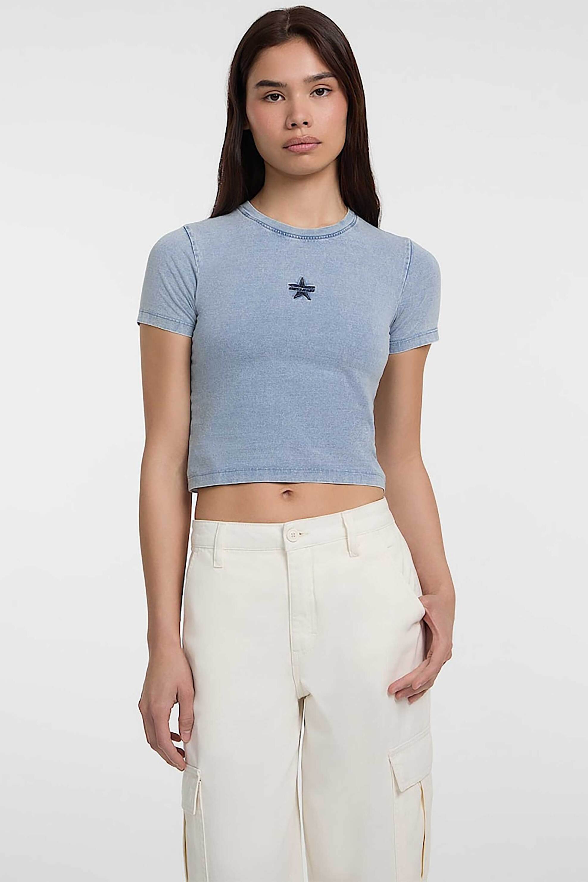 Guess γυναικείο cropped τοπ με denim όψη και κέντημα Boxy Fit - W5GI39KCTL1 Μπλε Ανοιχτό