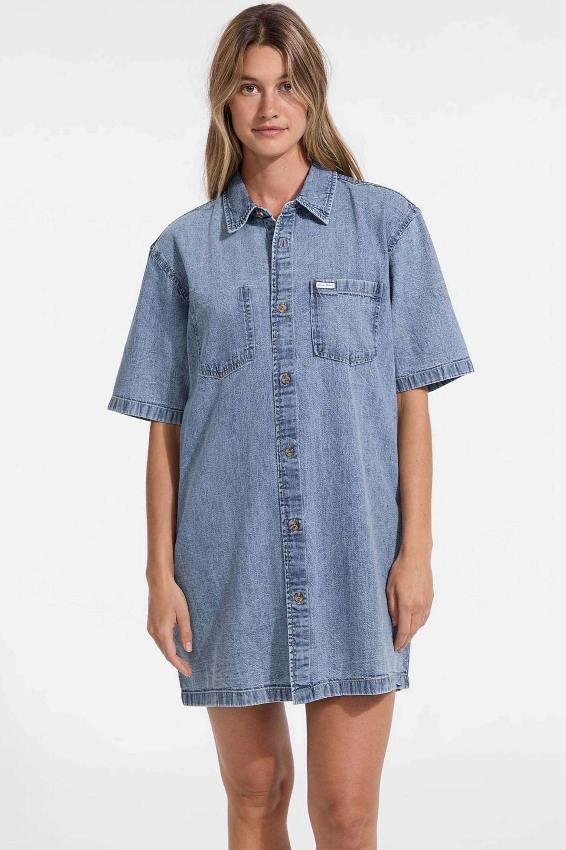 Guess γυναικείο mini φόρεμα denim σεμιζιέ Relaxed Fit - W5GK99D5M81 Denim Blue Ανοιχτό