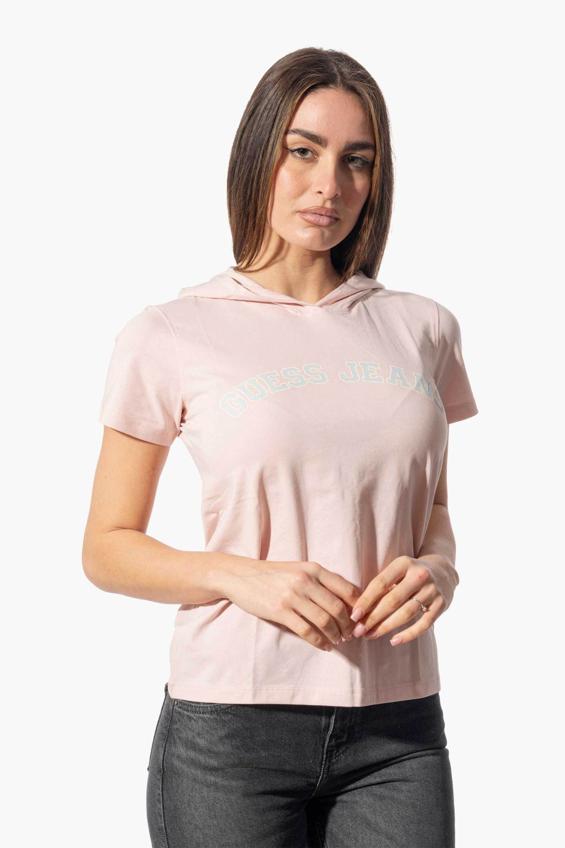 Guess γυναικεία μπλούζα με κουκούλα και logo print Regular Fit - W5GP28J1314 Ροζ