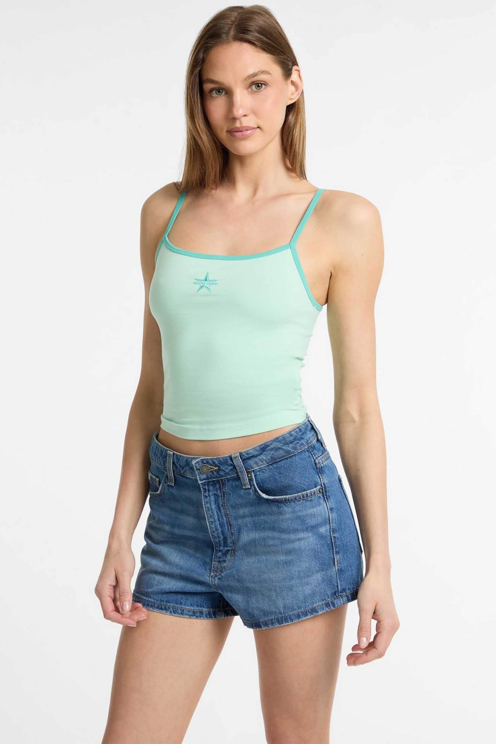 Guess γυναικεία αμάνικη μπλούζα cropped ribbed με κέντημα Slim Fit - W5GP37J1314 Βεραμάν Ανοιχτό