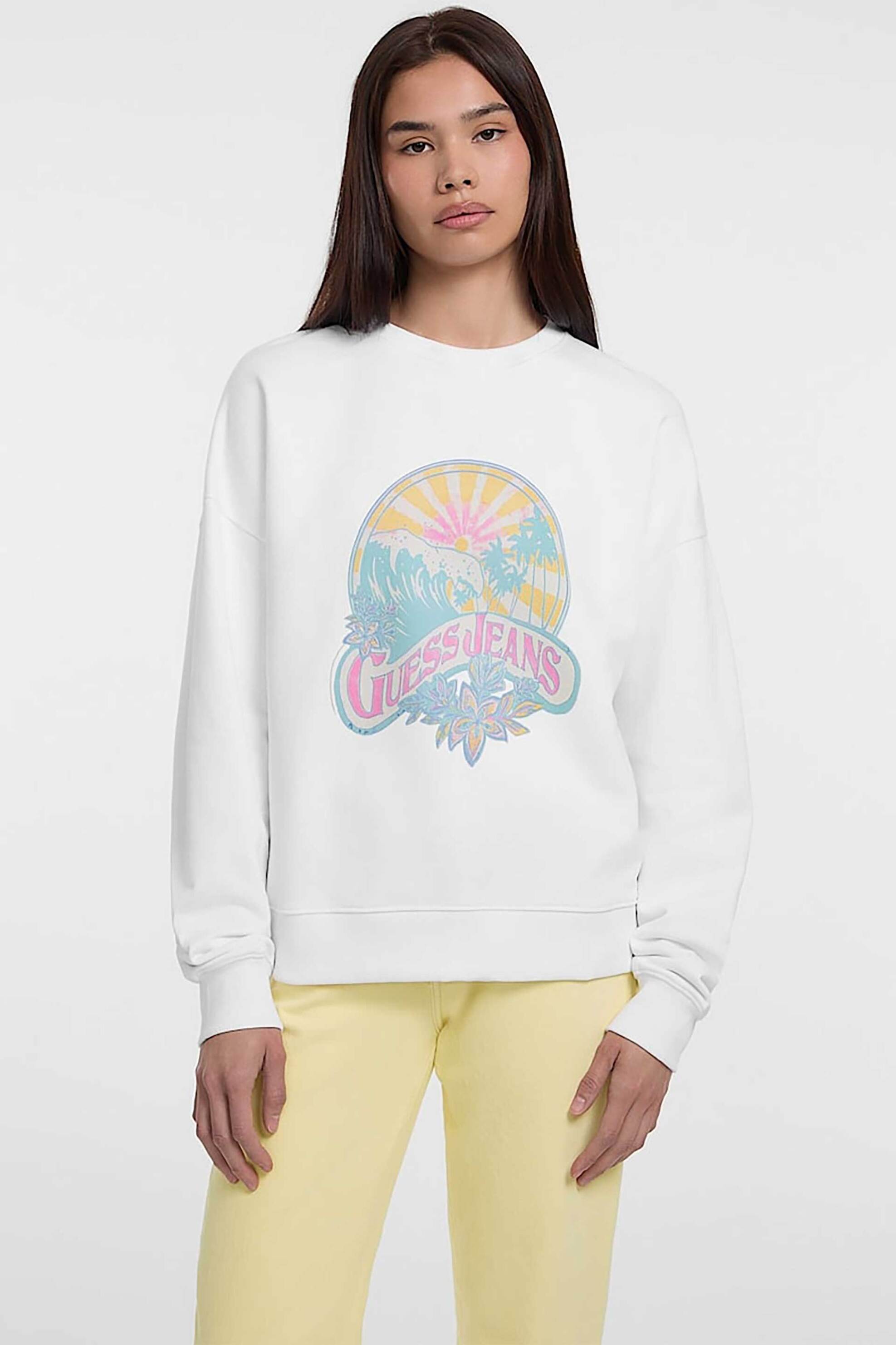Guess γυναικεία μπλούζα φούτερ με graphic logo print Relaxed Fit - W5GQ16K68I4 Λευκό