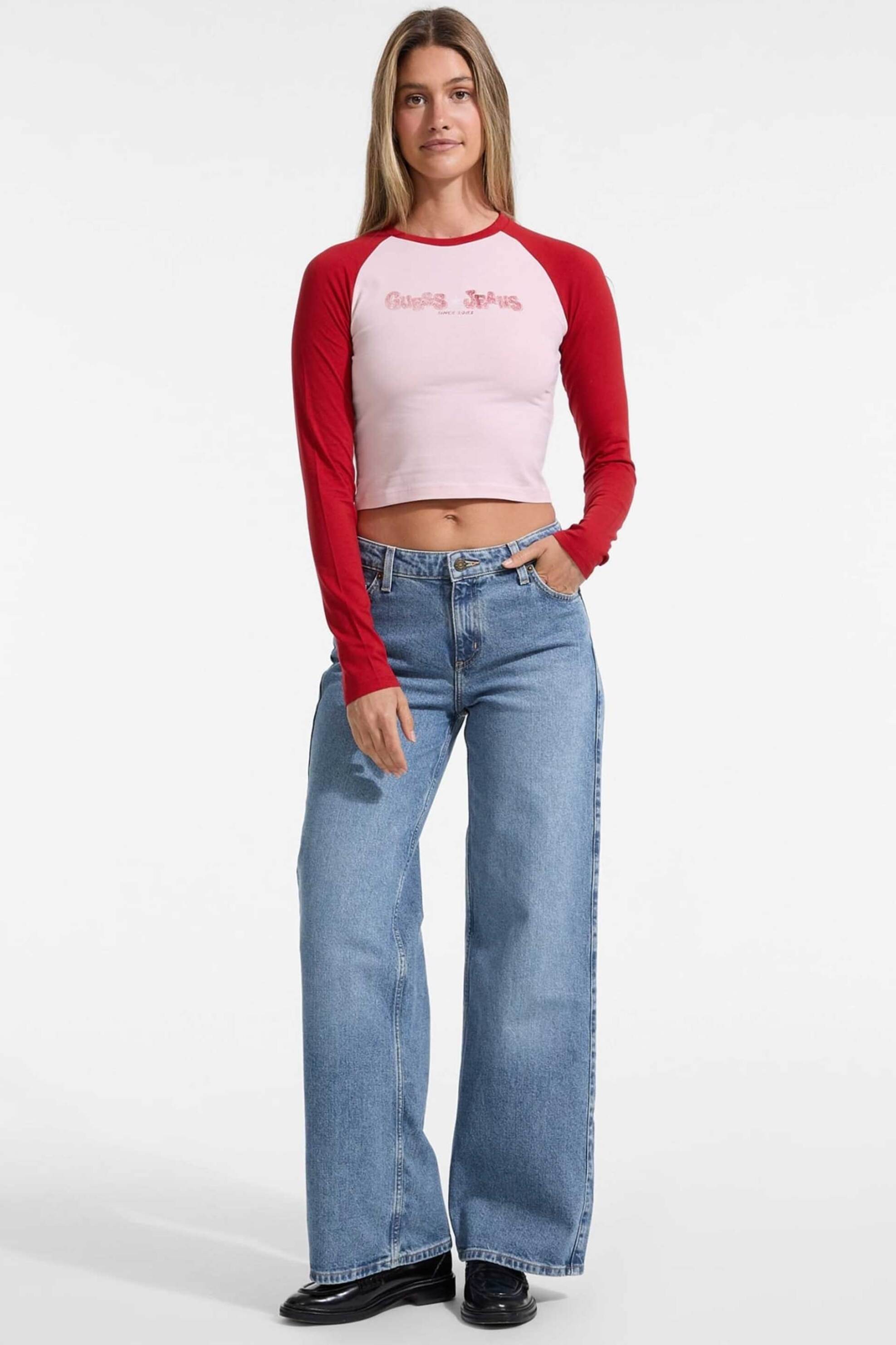 GUESS JEANS Guess γυναικεία μπλούζα δίχρωμη με λογότυπο - W5YI00J1314 Κόκκινο - 3