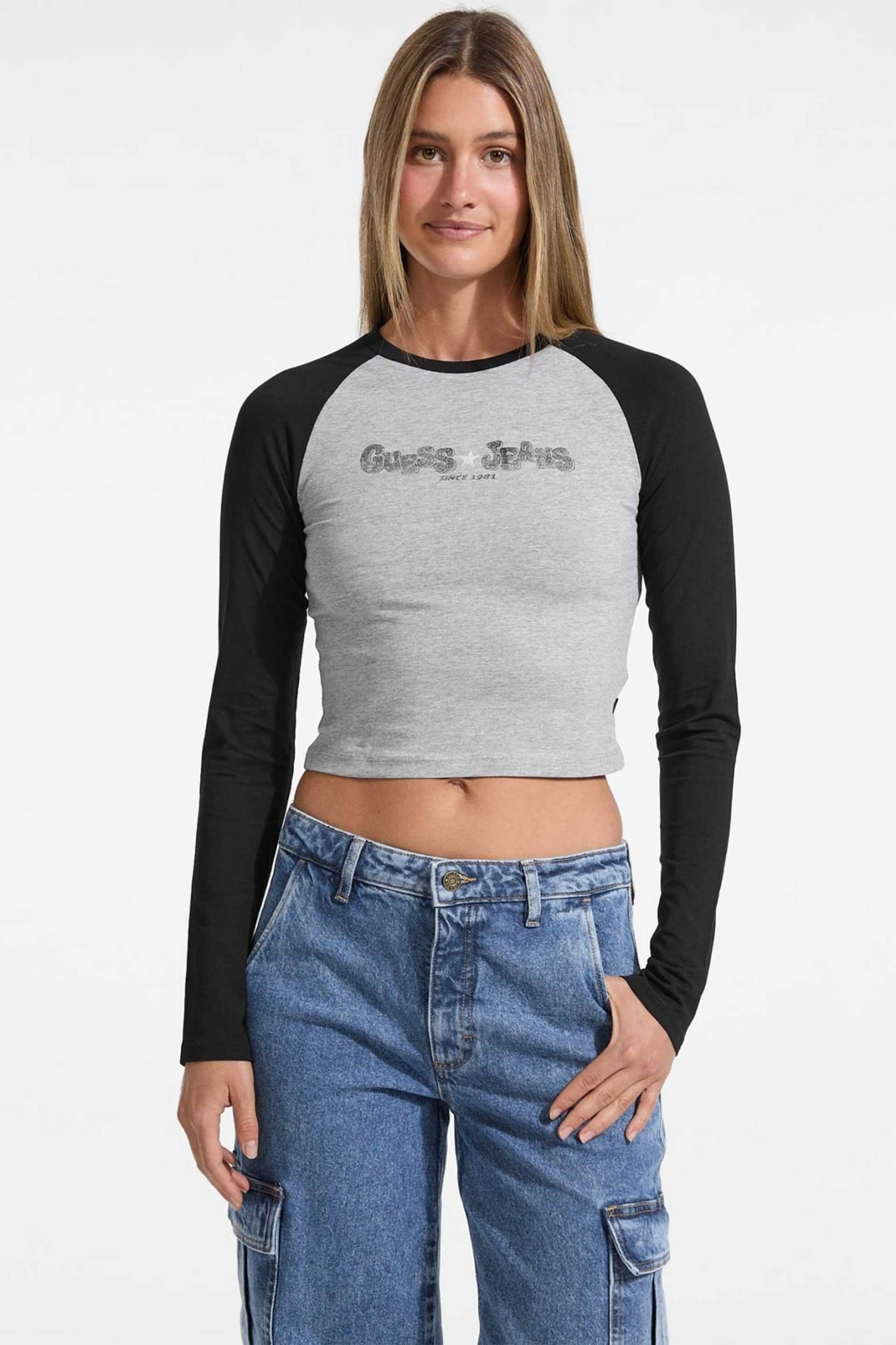 Guess γυναικεία μπλούζα δίχρωμη με λογότυπο - W5YI00J1314 Μαύρο