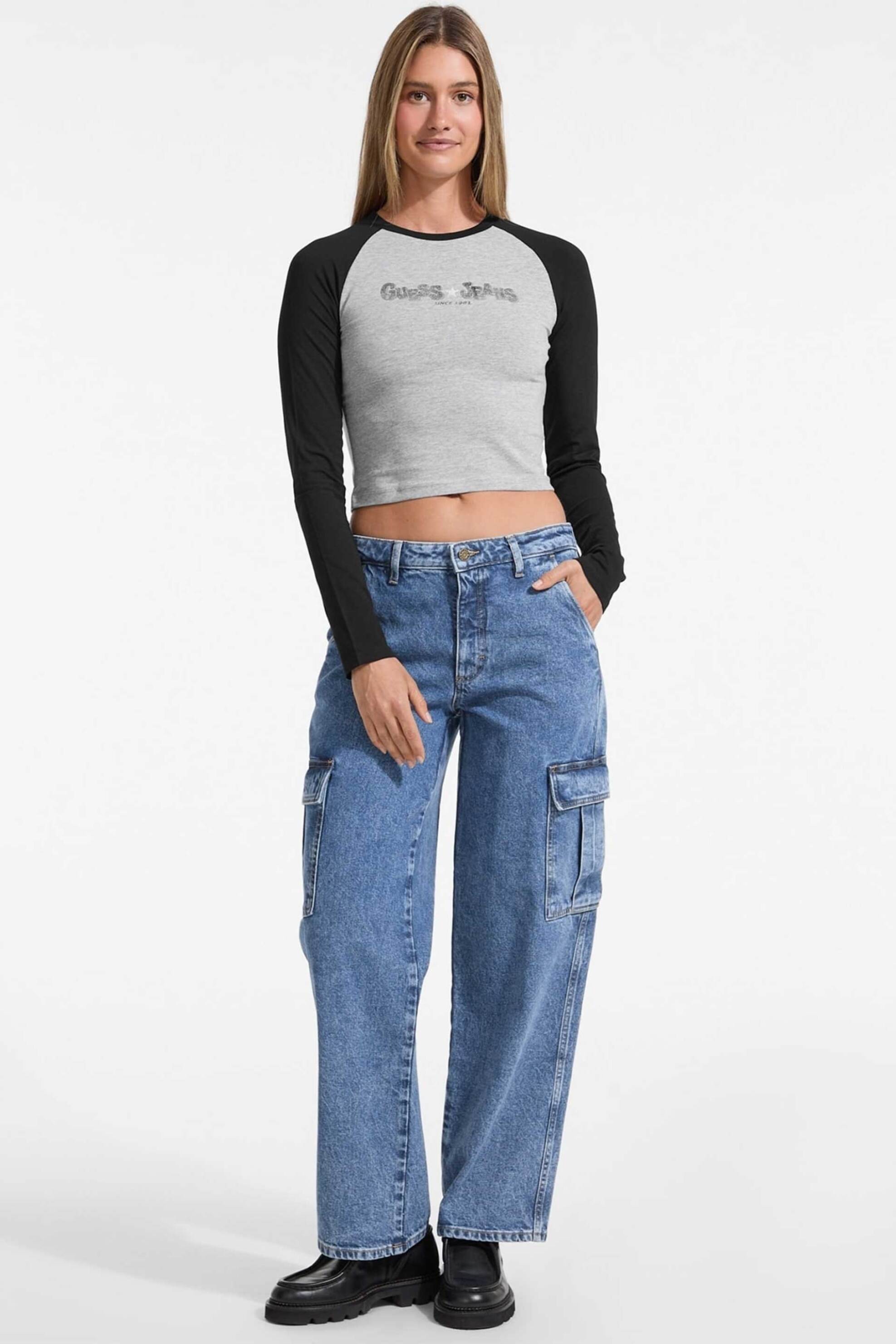 GUESS JEANS Guess γυναικεία μπλούζα δίχρωμη με λογότυπο - W5YI00J1314 Μαύρο - 3